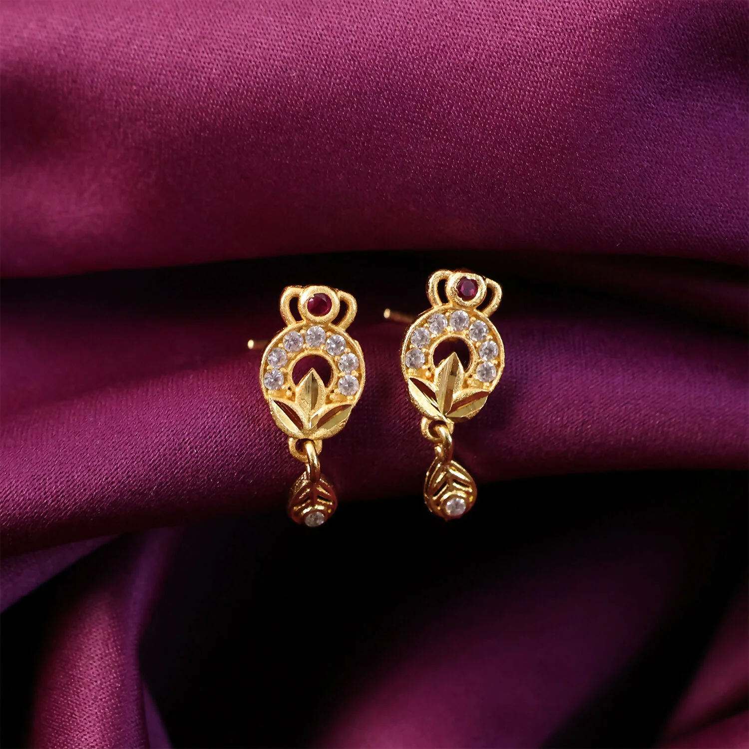 Gold Tone Floral Drop Earrings With Red Stone And Crystal Detailing For Women - Image 2