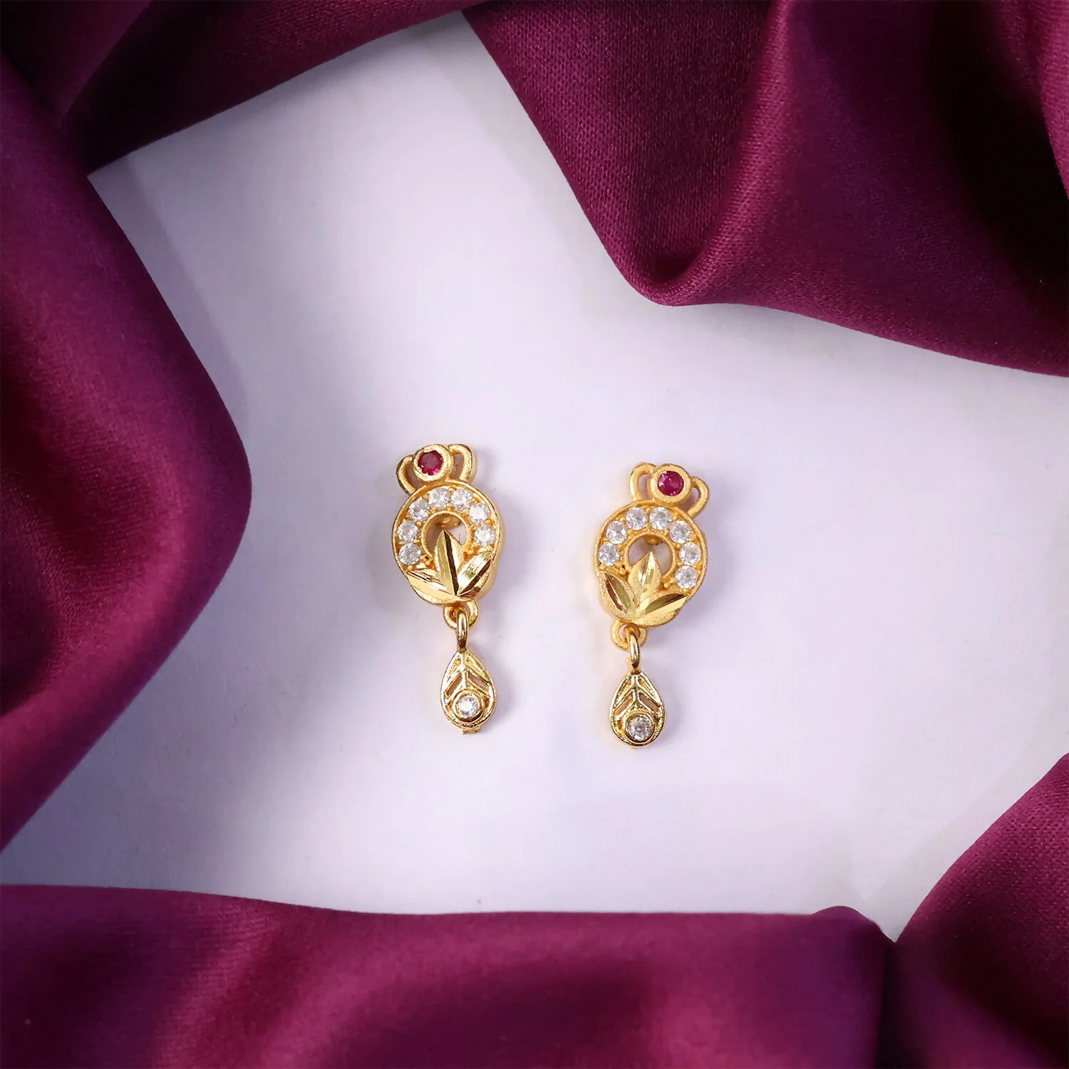 Gold Tone Floral Drop Earrings With Red Stone And Crystal Detailing For Women - Image 3