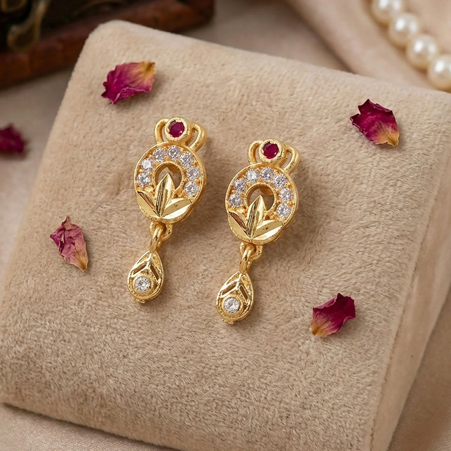 Gold Tone Floral Drop Earrings With Red Stone And Crystal Detailing For Women - Image 4