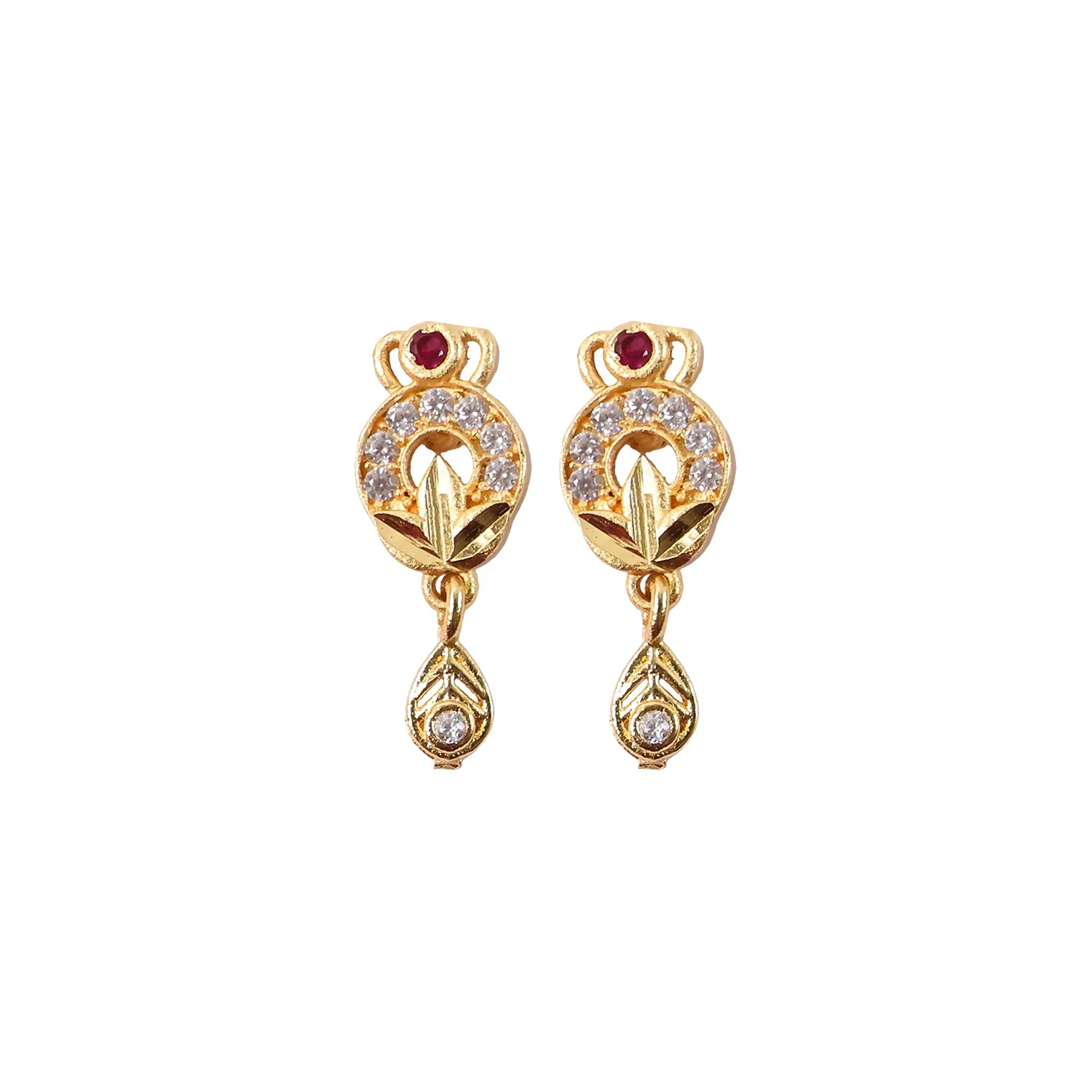 Gold Tone Floral Drop Earrings With Red Stone And Crystal Detailing For Women - Image 5