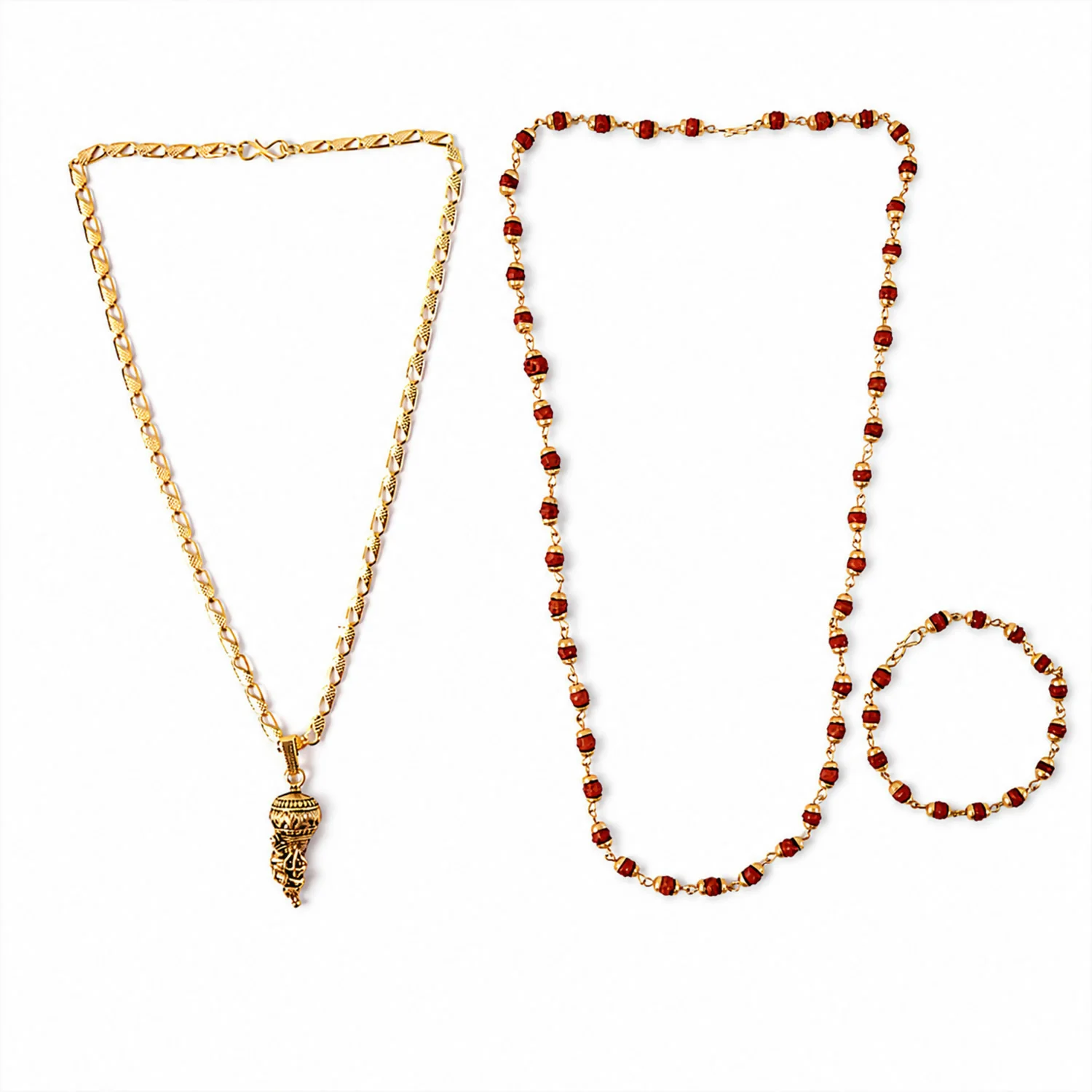 Gold-Tone Mahadev Gada Pendant Rudraksha Necklace & Bracelet Combo Set - Image 6