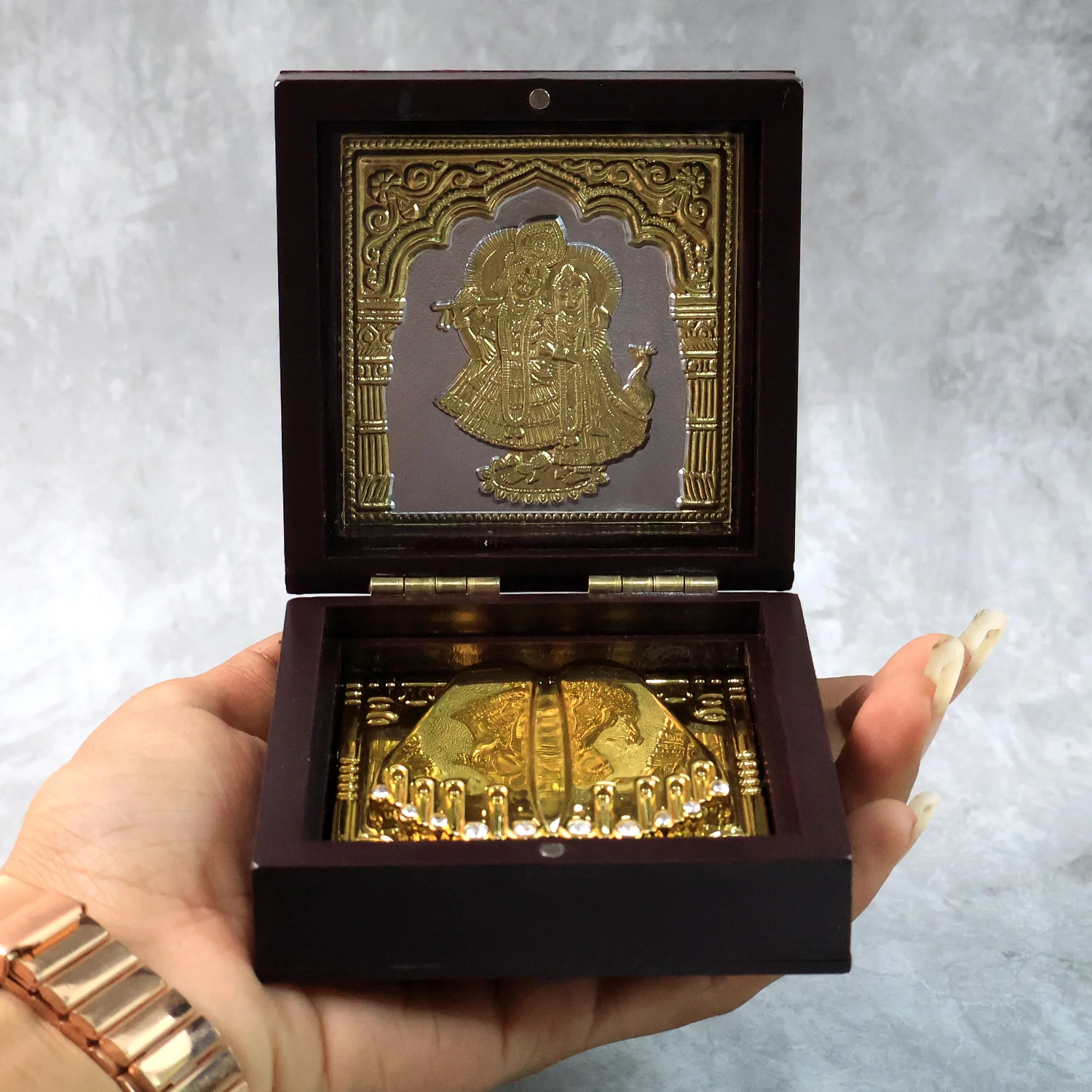 Charan Paduka Gold Finish in Wooden Box – Elegant Pooja Gift - Image 3