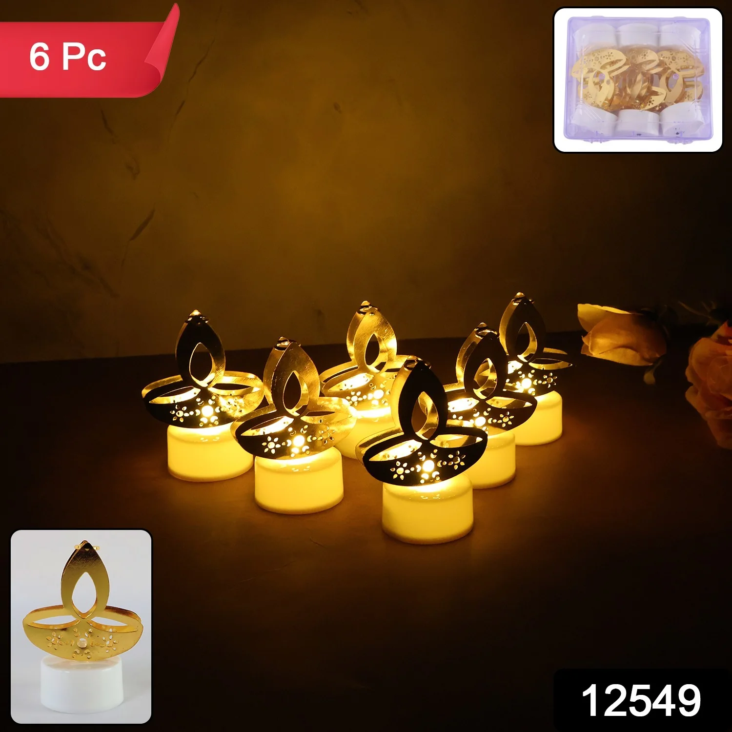Golden Diya LED Tealight Candles – Elegant Flameless Decor Set - Image 2