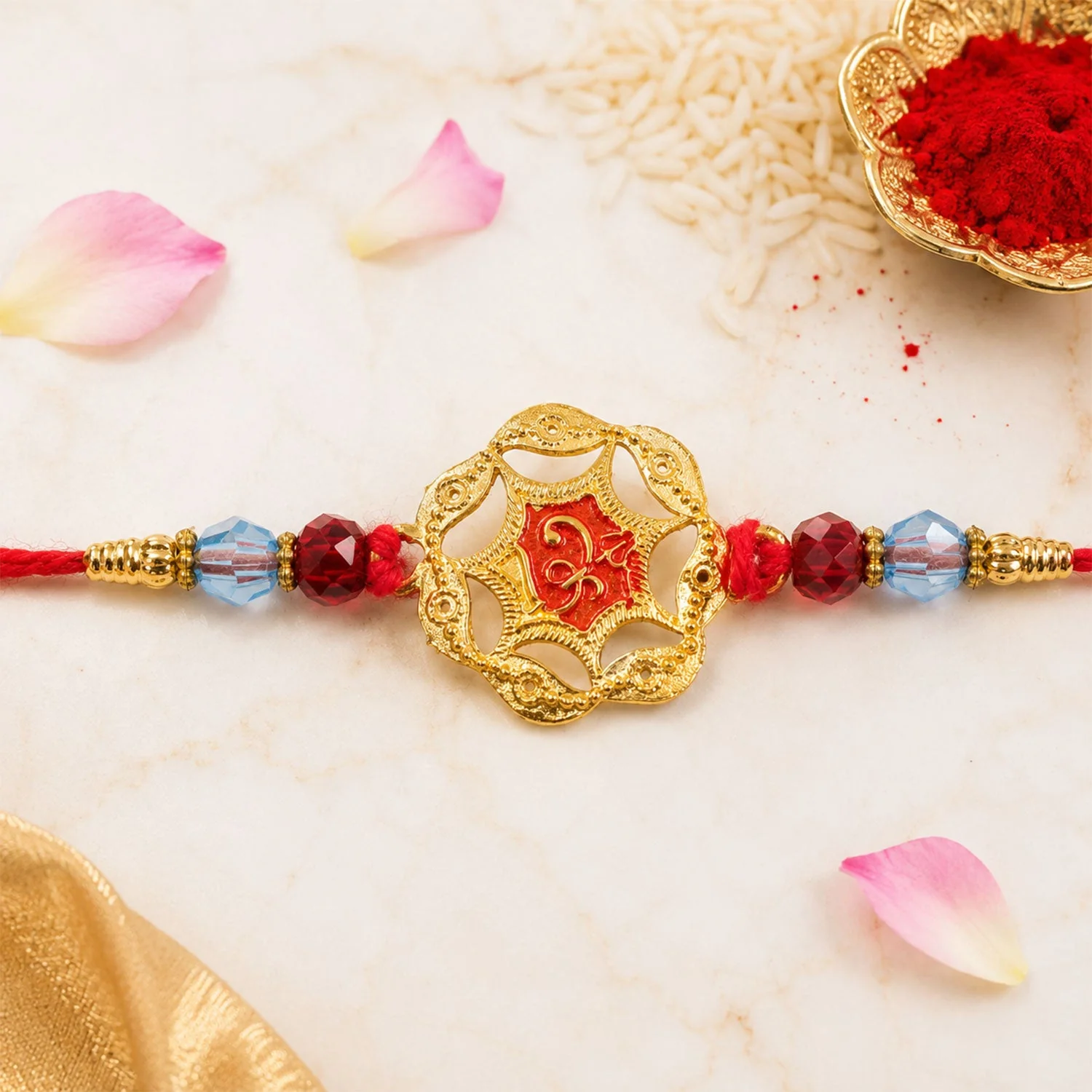 Rakhi for Brother – Golden Floral Red Stone Design | Elegant & Traditional - Image 4