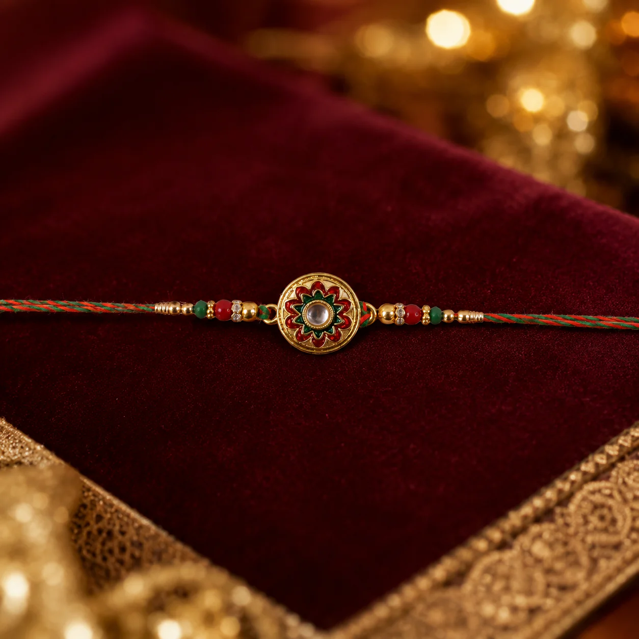 Rakhi – Stylish Golden Floral Design with Beads for Brothers - Image 2