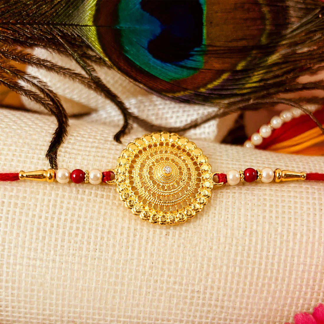 Golden Flower Rakhi – Intricate Design, Skin Friendly Thread for Brothers