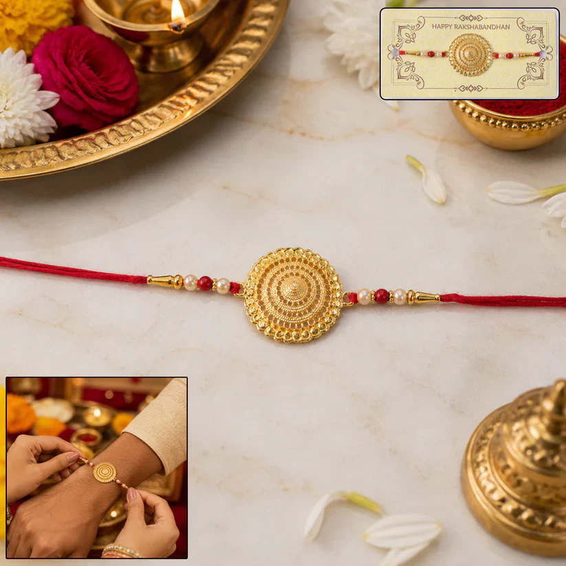 Golden Flower Rakhi – Intricate Design, Skin Friendly Thread for Brothers - Image 2