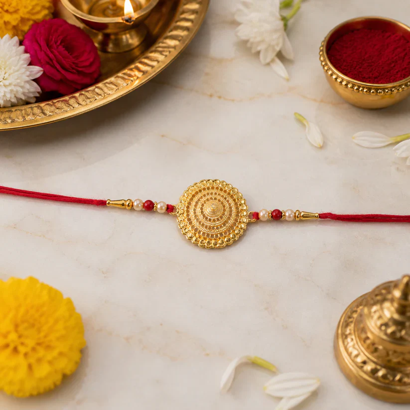 Golden Flower Rakhi – Intricate Design, Skin Friendly Thread for Brothers - Image 3