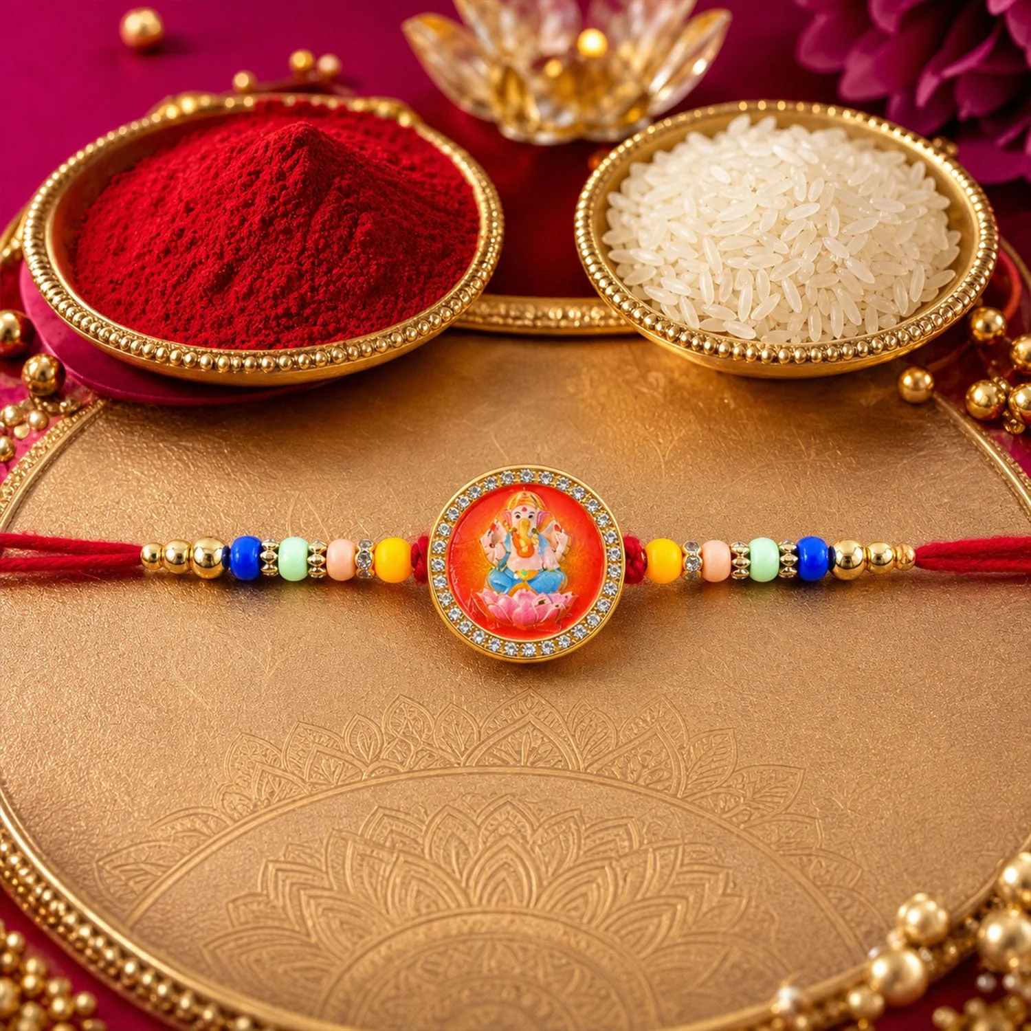 Golden Ganesha Motif Rakhi with Stones & Colorful Beads Rakhi for Brother - Image 3