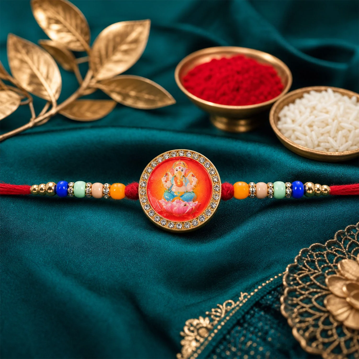 Golden Ganesha Motif Rakhi with Stones & Colorful Beads Rakhi for Brother - Image 4