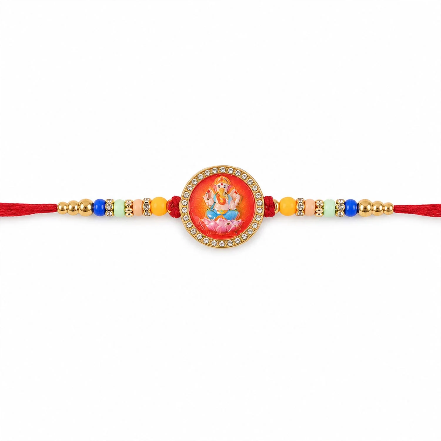 Golden Ganesha Motif Rakhi with Stones & Colorful Beads Rakhi for Brother - Image 5
