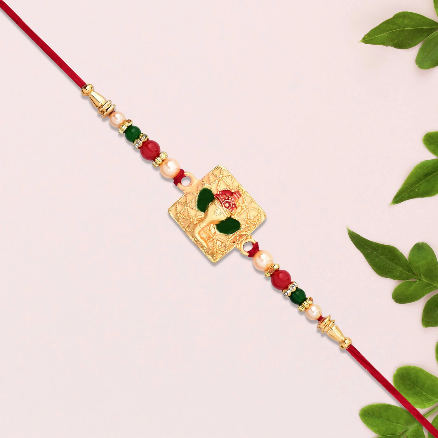 Buy Golden Ganpati Rakhi Red Green Beads Enamel Detailing - Image 7
