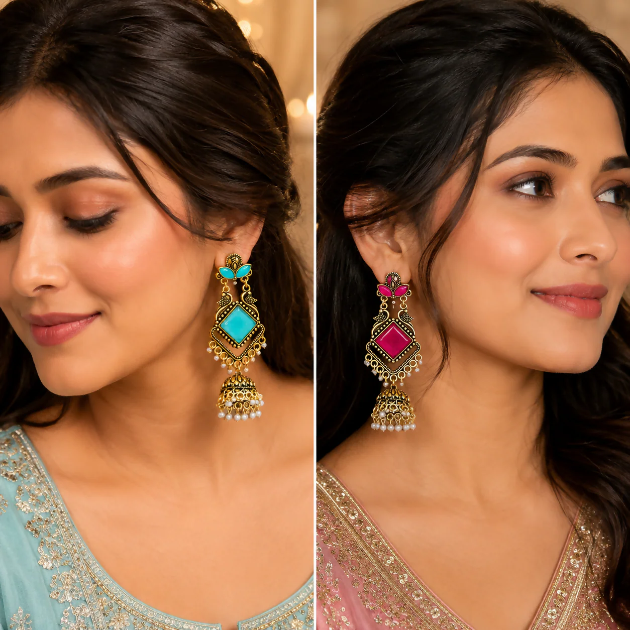 Golden Glow Jhumka Earrings – Traditional Oxidized Pearl Drop Dangles - Image 10