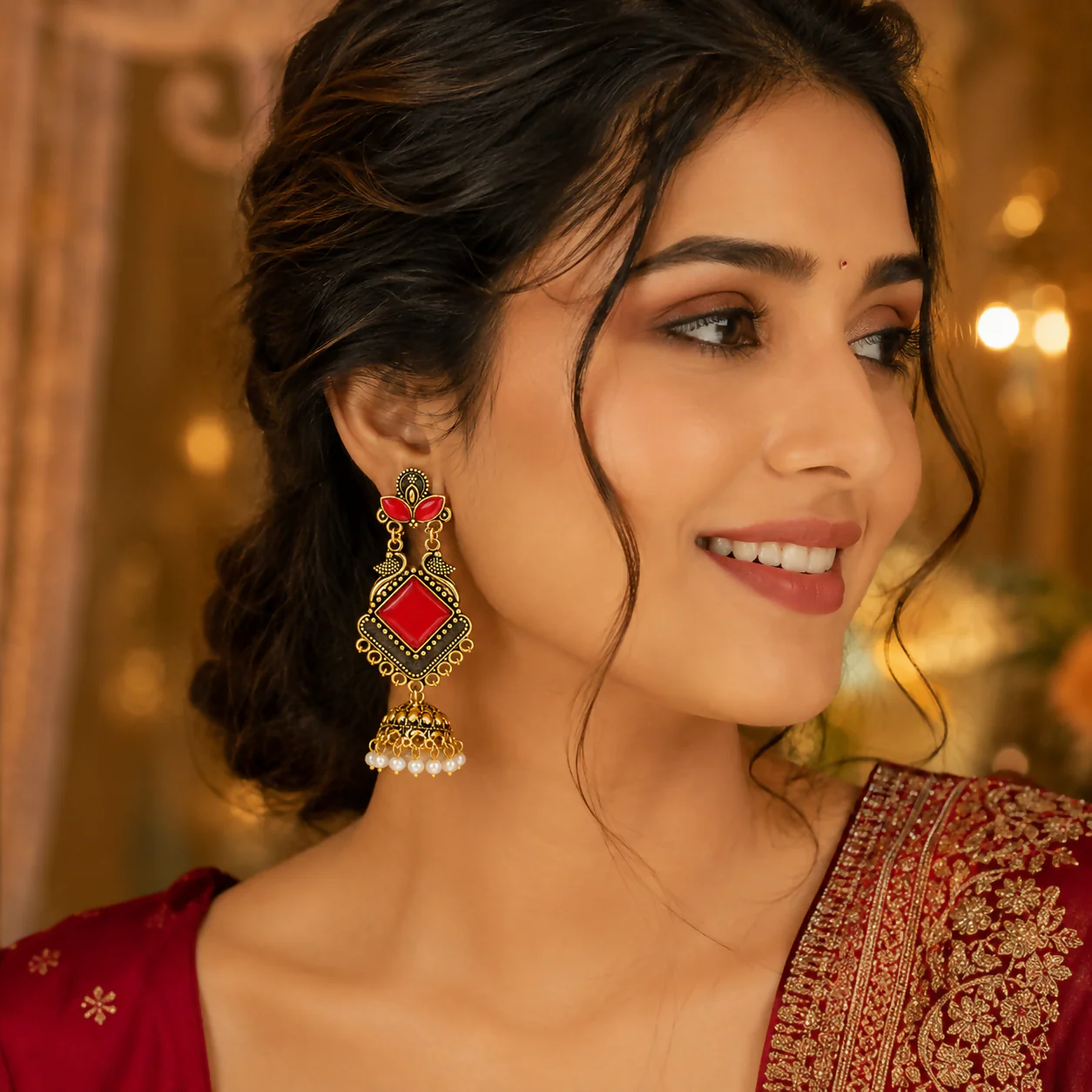 Golden Glow Jhumka Earrings – Traditional Oxidized Pearl Drop Dangles - Image 2