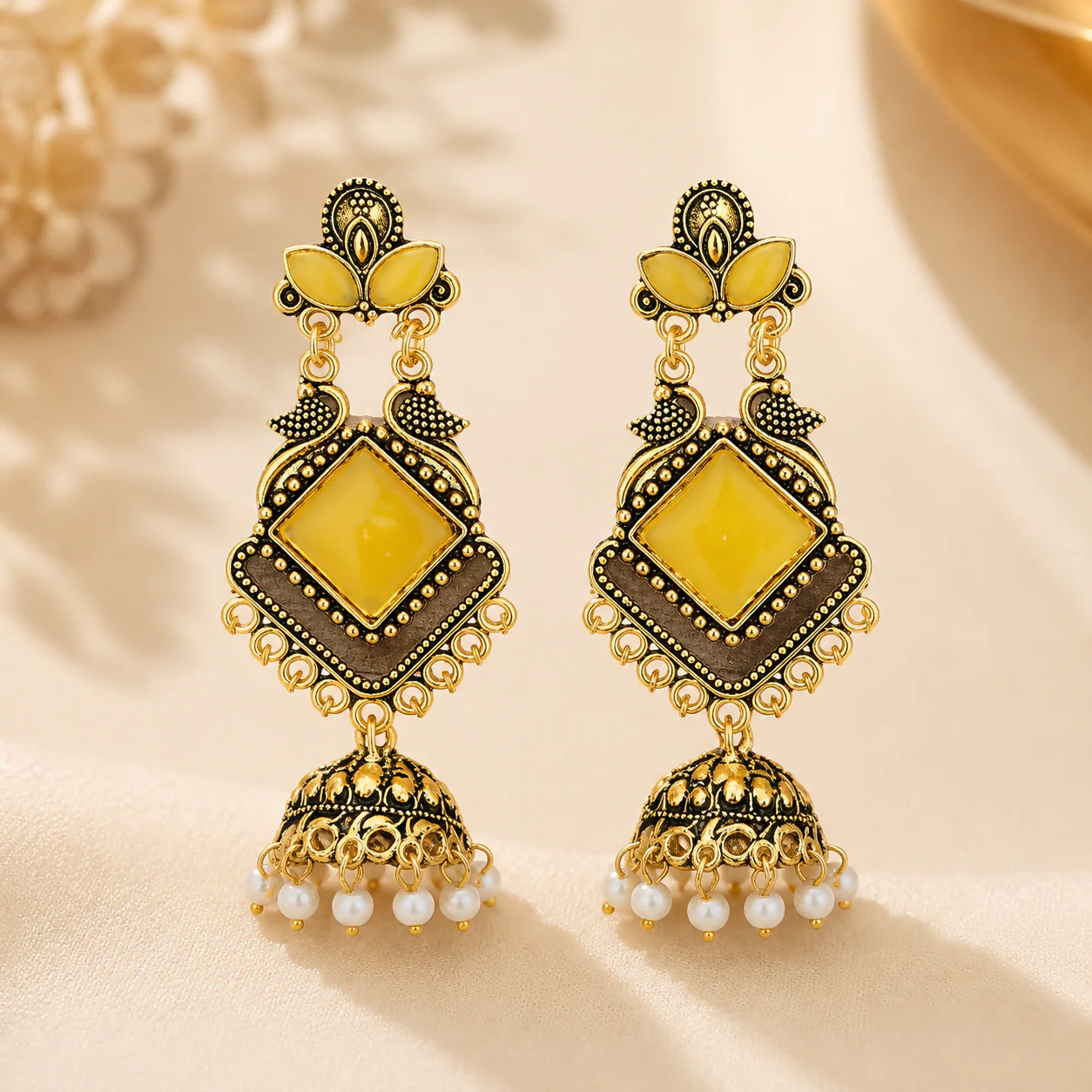 Golden Glow Jhumka Earrings – Traditional Oxidized Pearl Drop Dangles - Image 4