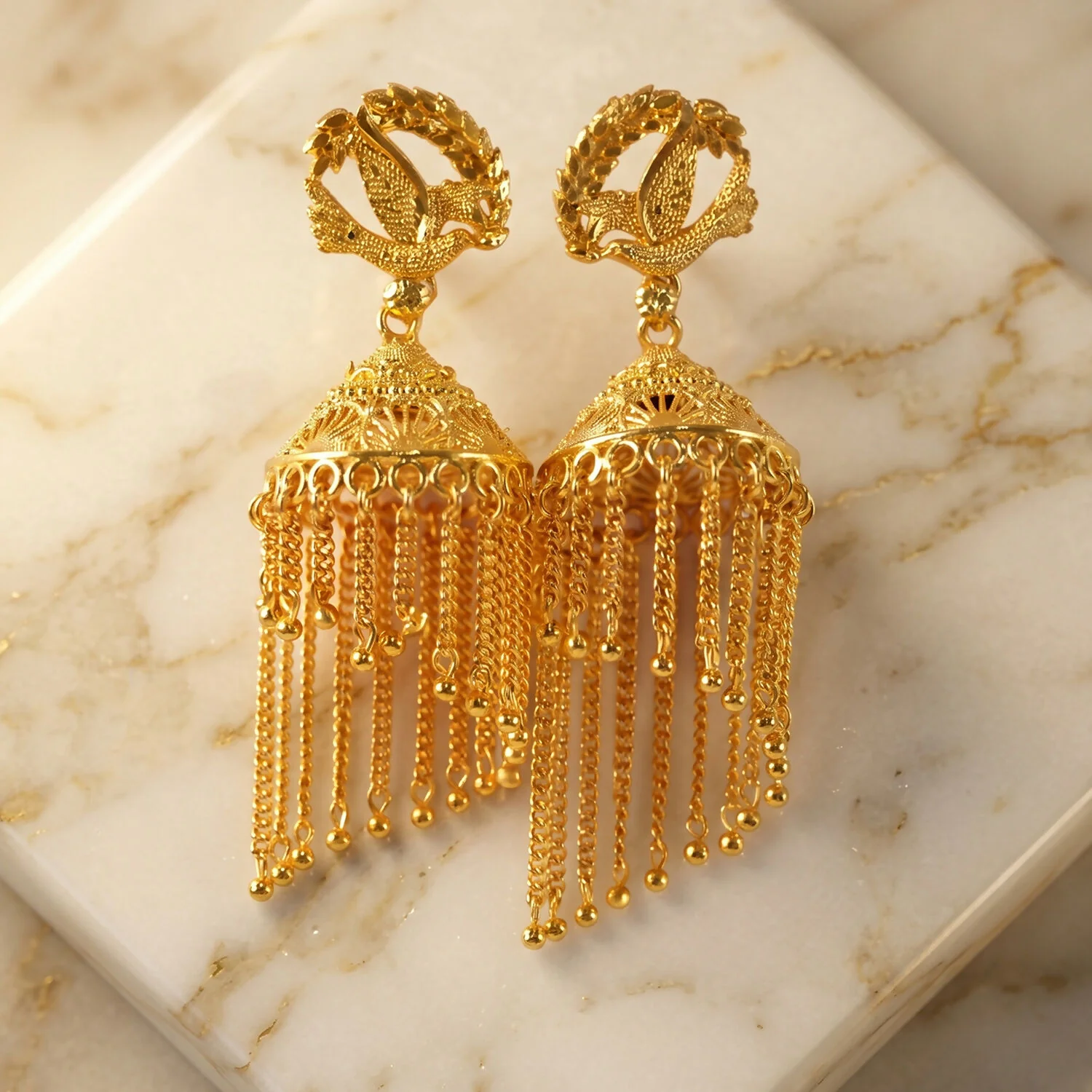 Gold Leaf Earrings – Elegant Festive Jhumka with Long Chains - Image 5