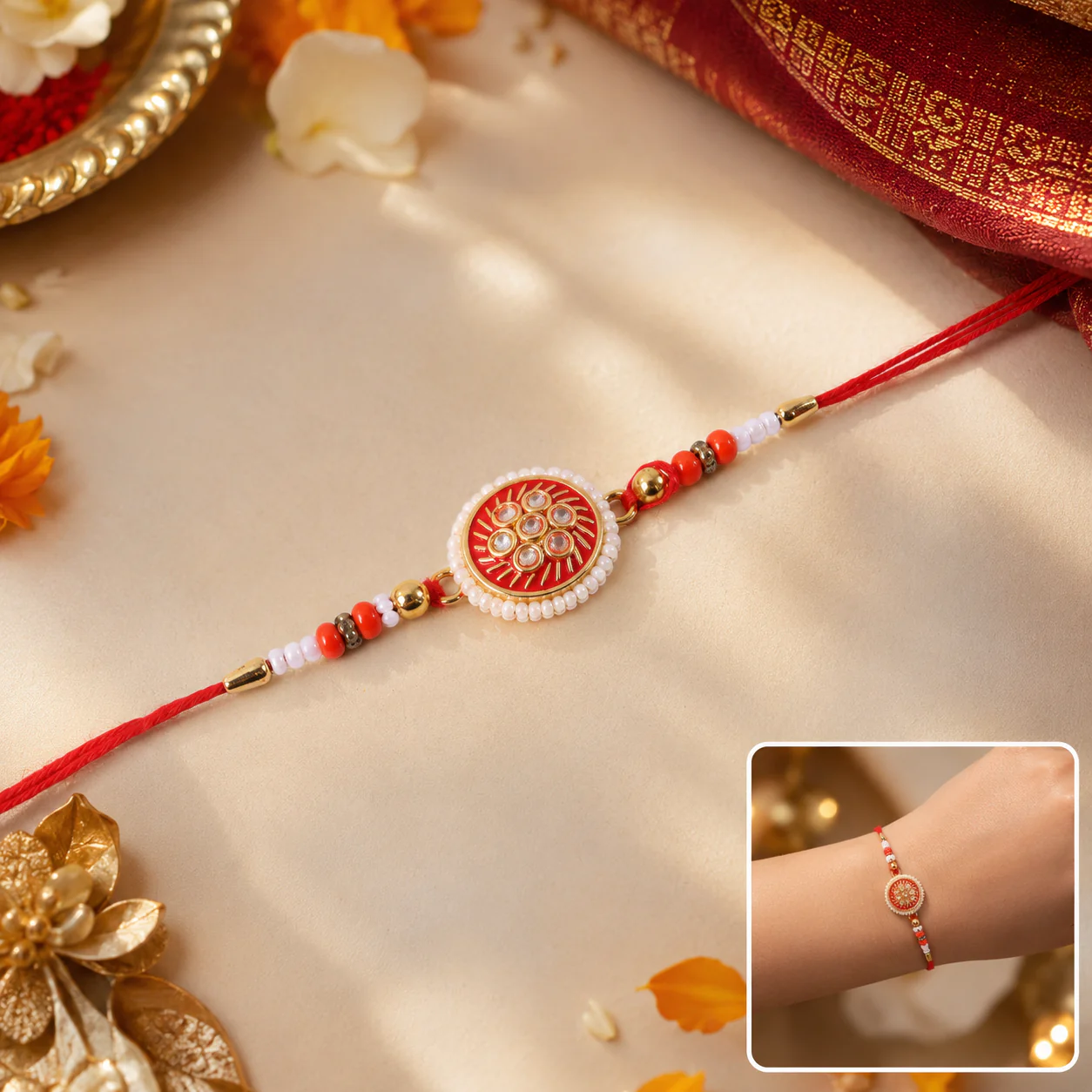 Golden Meena Kundan Pearl Rakhi, Elegant & Lightweight for Raksha