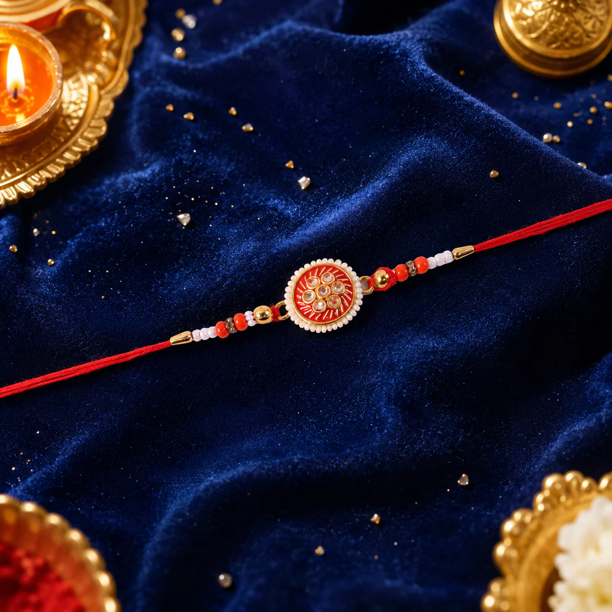 Golden Meena Kundan Pearl Rakhi, Elegant & Lightweight for Raksha - Image 2