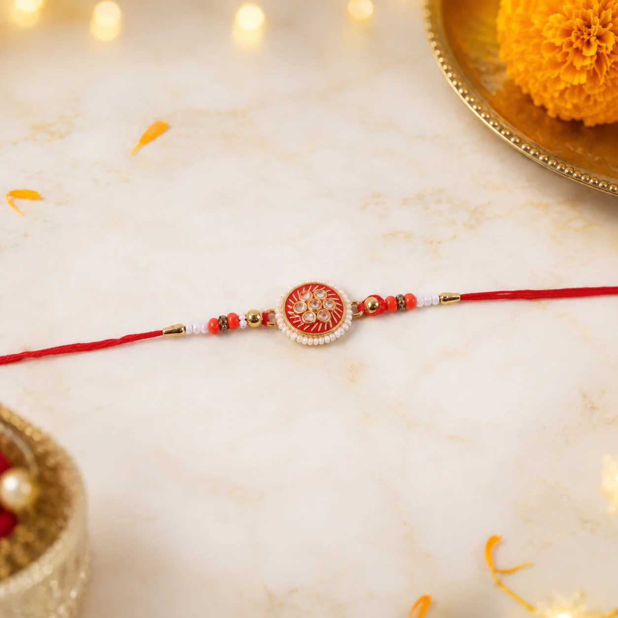Golden Meena Kundan Pearl Rakhi, Elegant & Lightweight for Raksha - Image 4