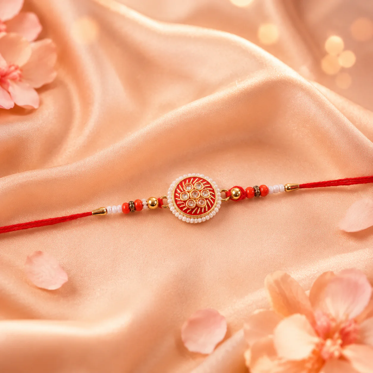 Golden Meena Kundan Pearl Rakhi, Elegant & Lightweight for Raksha - Image 6