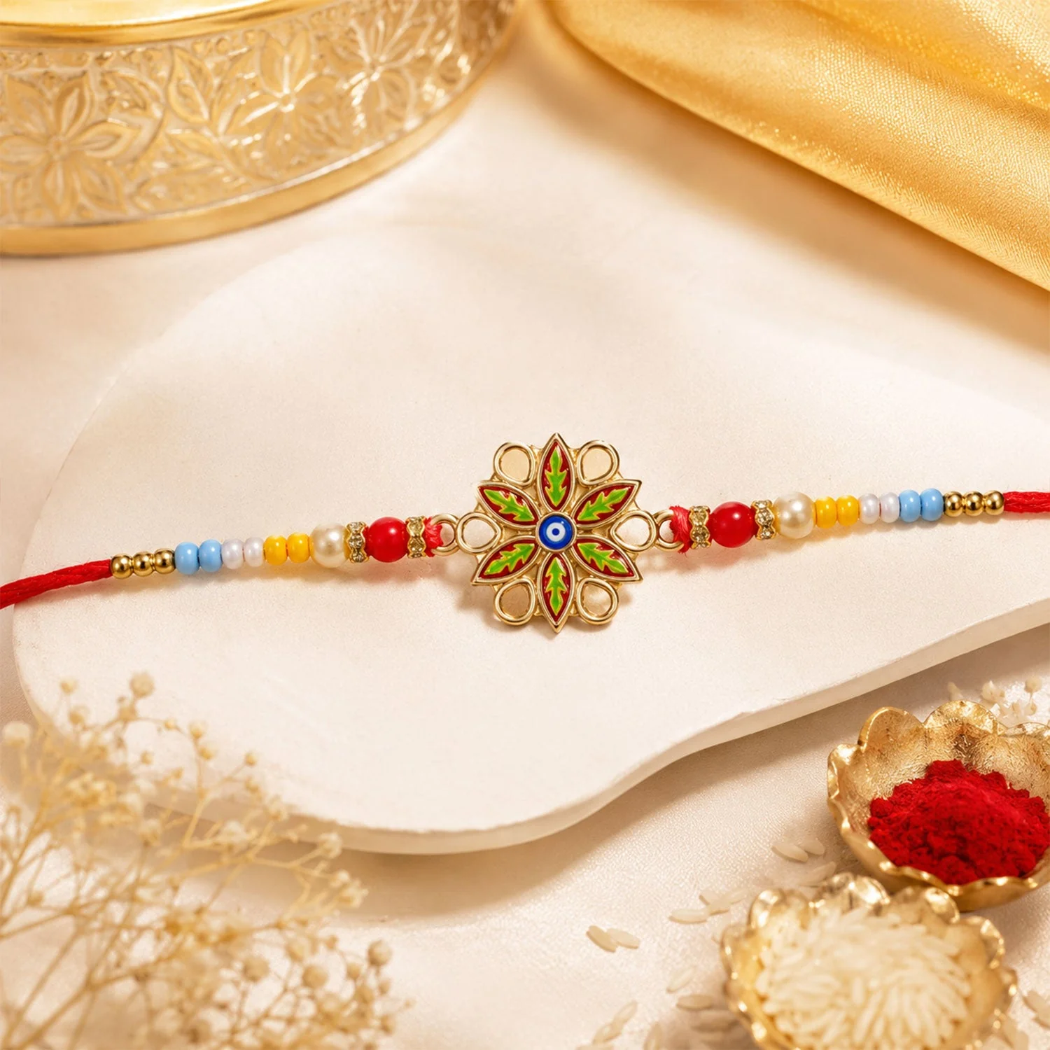 Rakhi for Brother – Golden Meenakari Evil Eye with Beads - Image 4