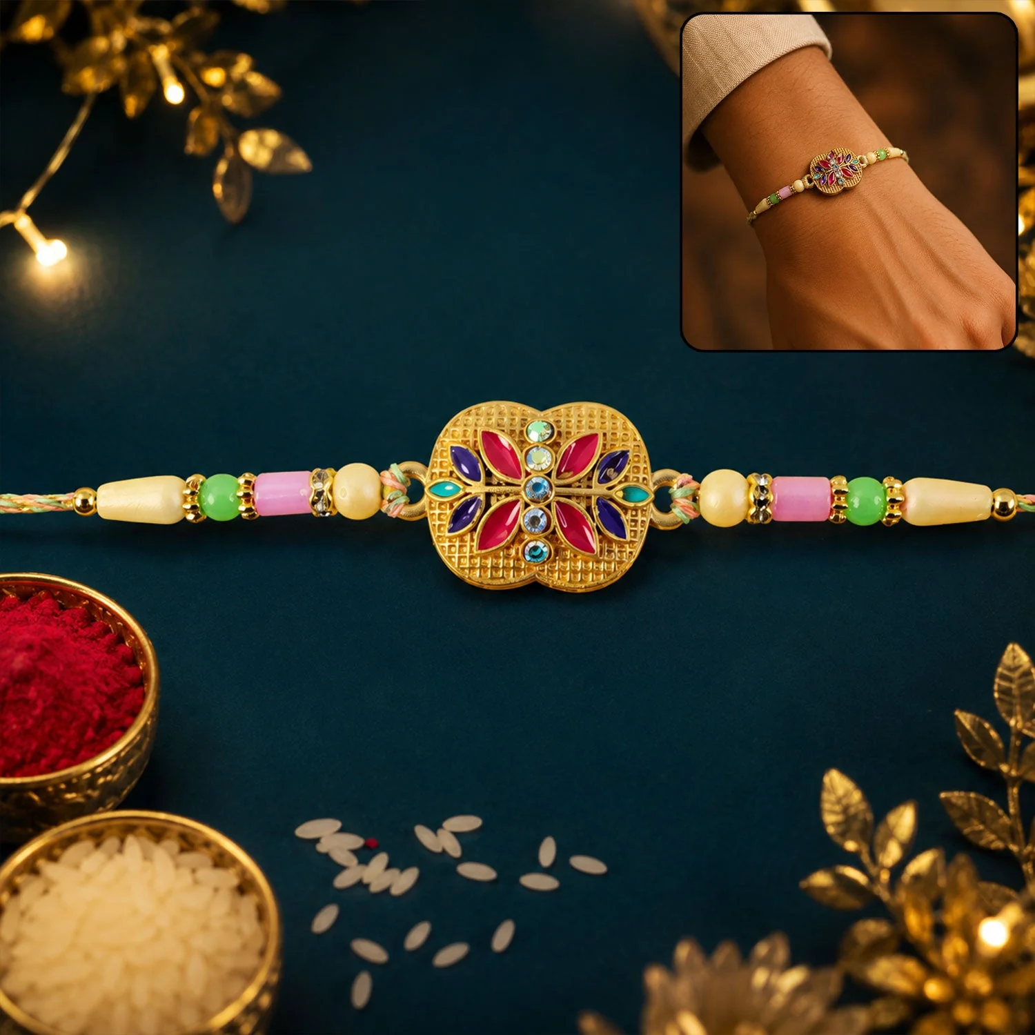 Golden Meenakari Floral Rakhi – Elegant Design for Brotherhood
