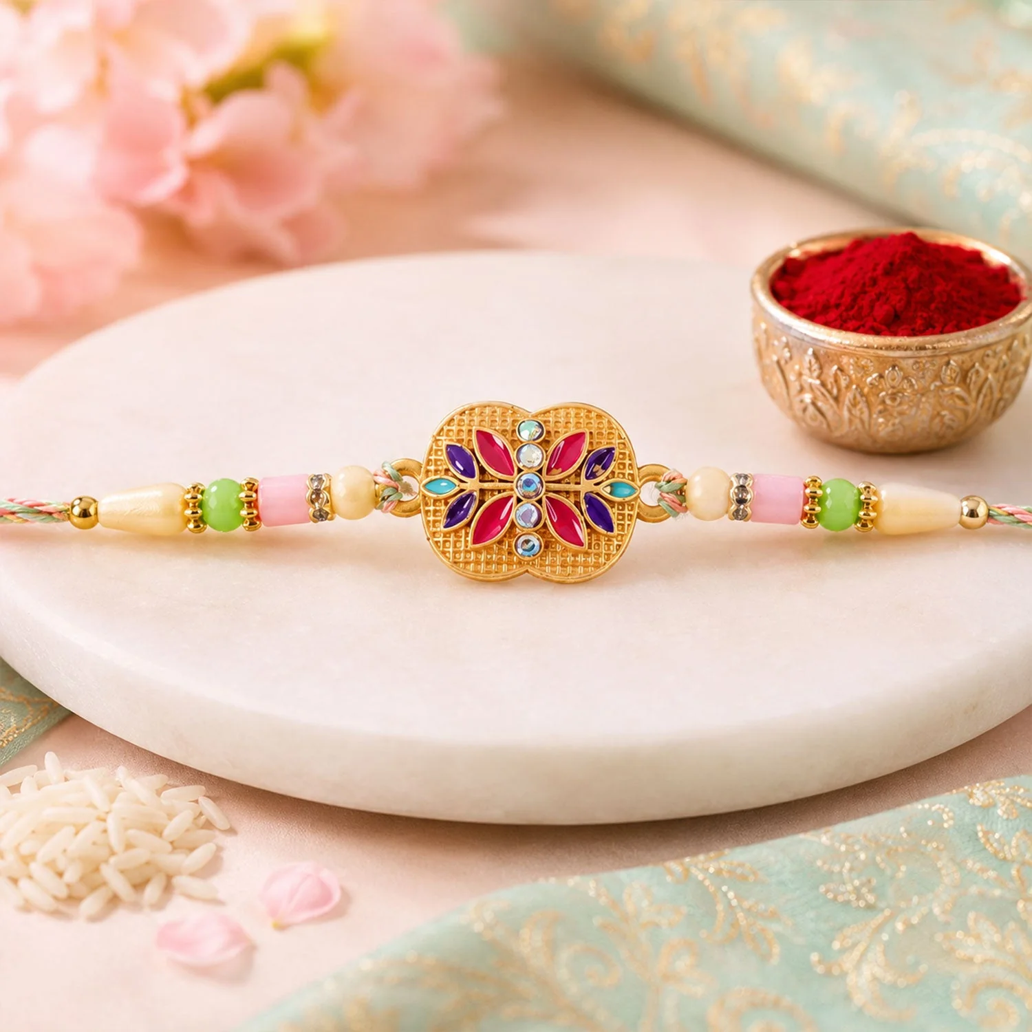 Golden Meenakari Floral Rakhi – Elegant Design for Brotherhood - Image 2