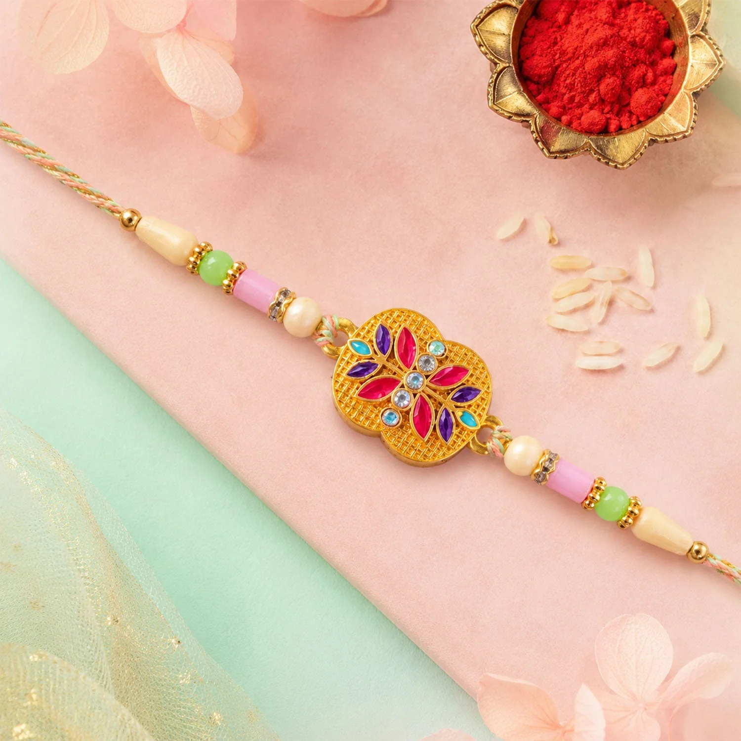 Golden Meenakari Floral Rakhi – Elegant Design for Brotherhood - Image 3
