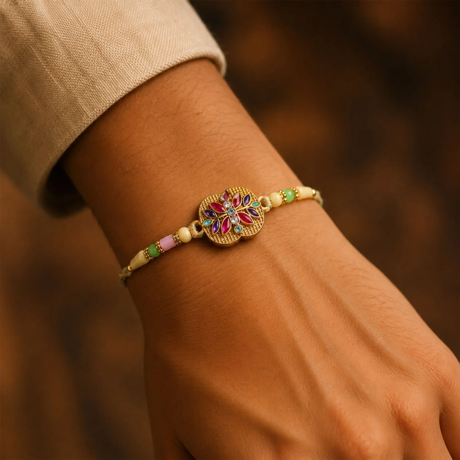Golden Meenakari Floral Rakhi – Elegant Design for Brotherhood - Image 4