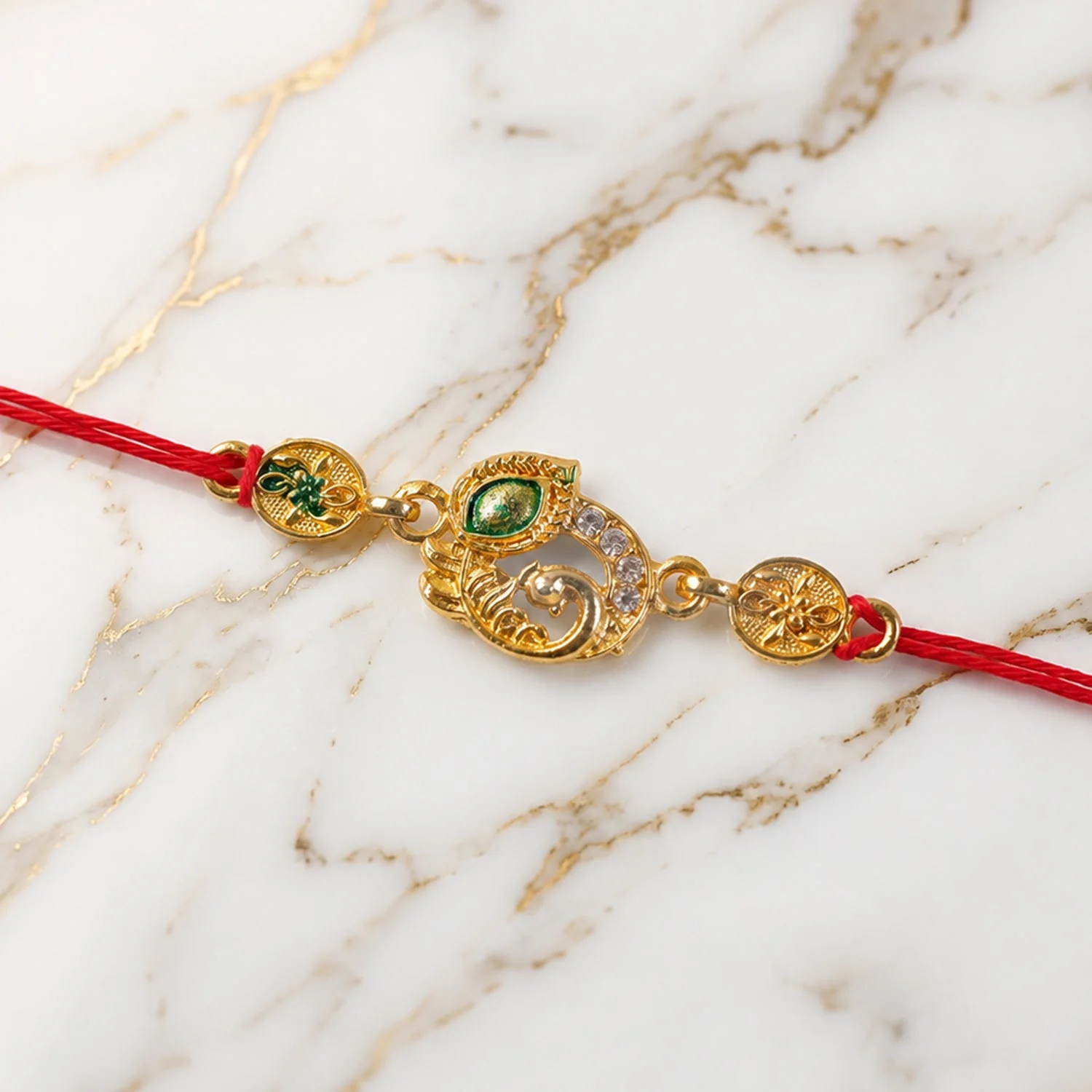 Meenakari Rakhi – Golden Peacock Design with AD Stones - Image 2