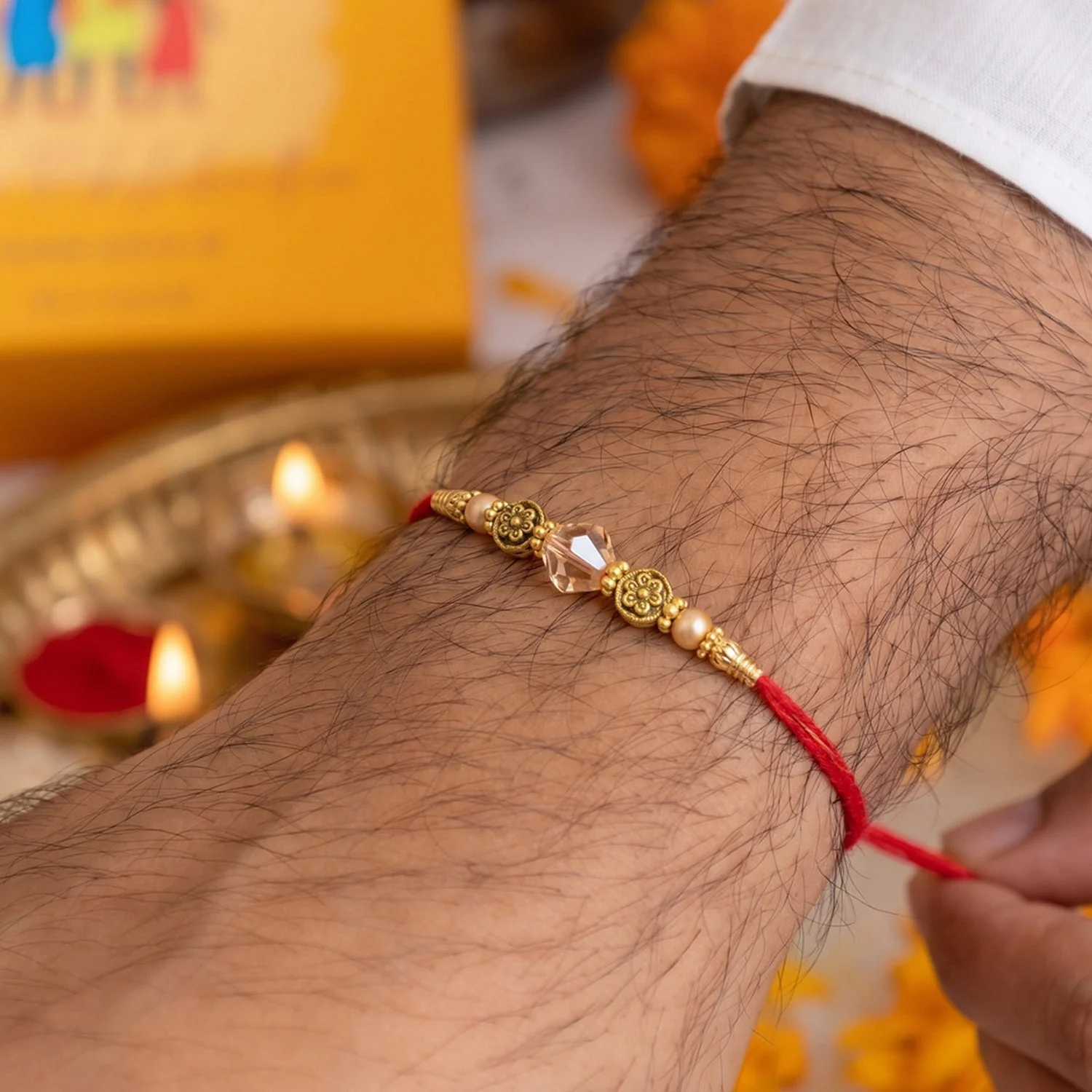 Premium Elegant Golden Peacock Pearl Latkan Design Bhabhi Lumba Rakhi - Image 3