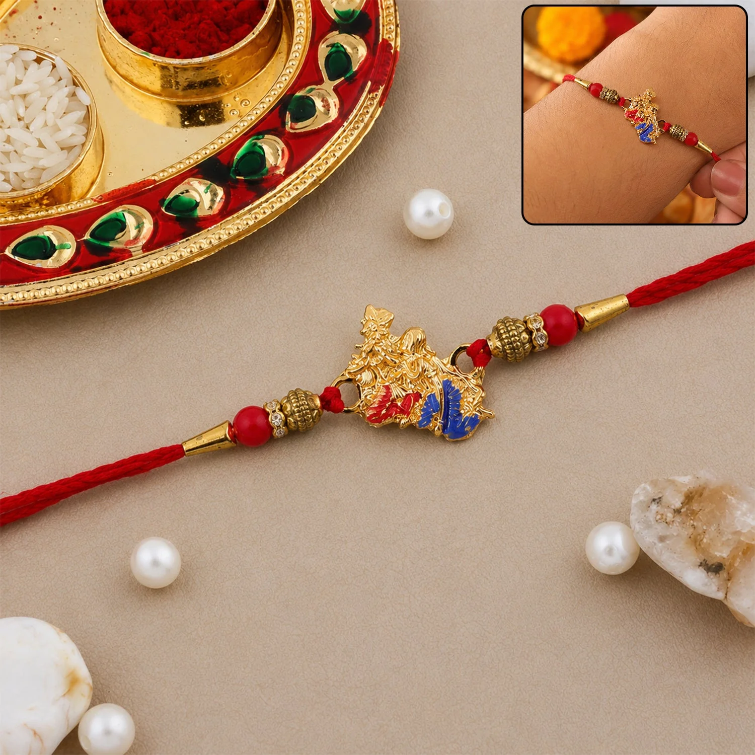 Rakhi for Brother – Elegant Golden Peacock Design with Beads - Image 2
