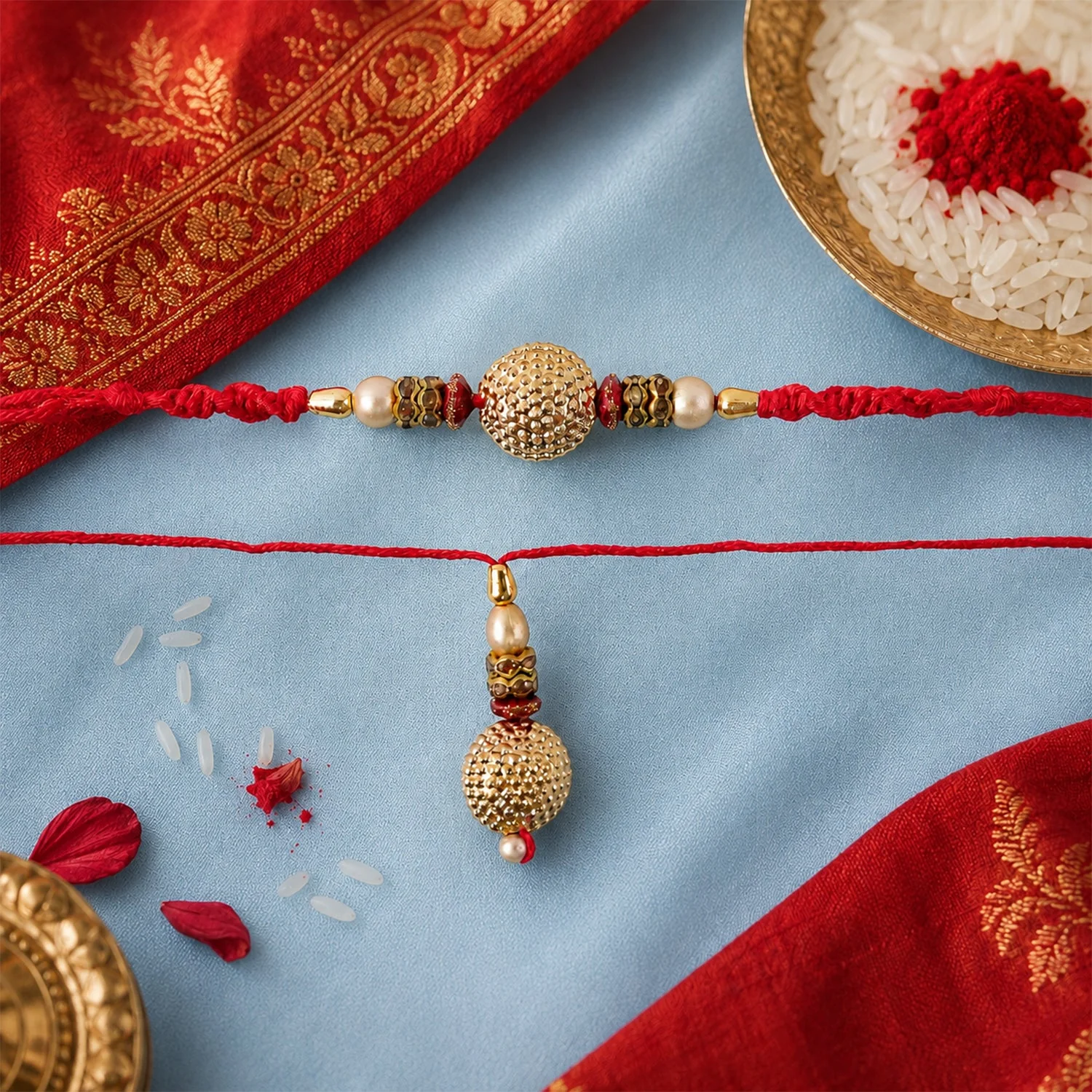Bhaiya Bhabhi Rakhi Set – Golden Pearl with Textured Gold Design