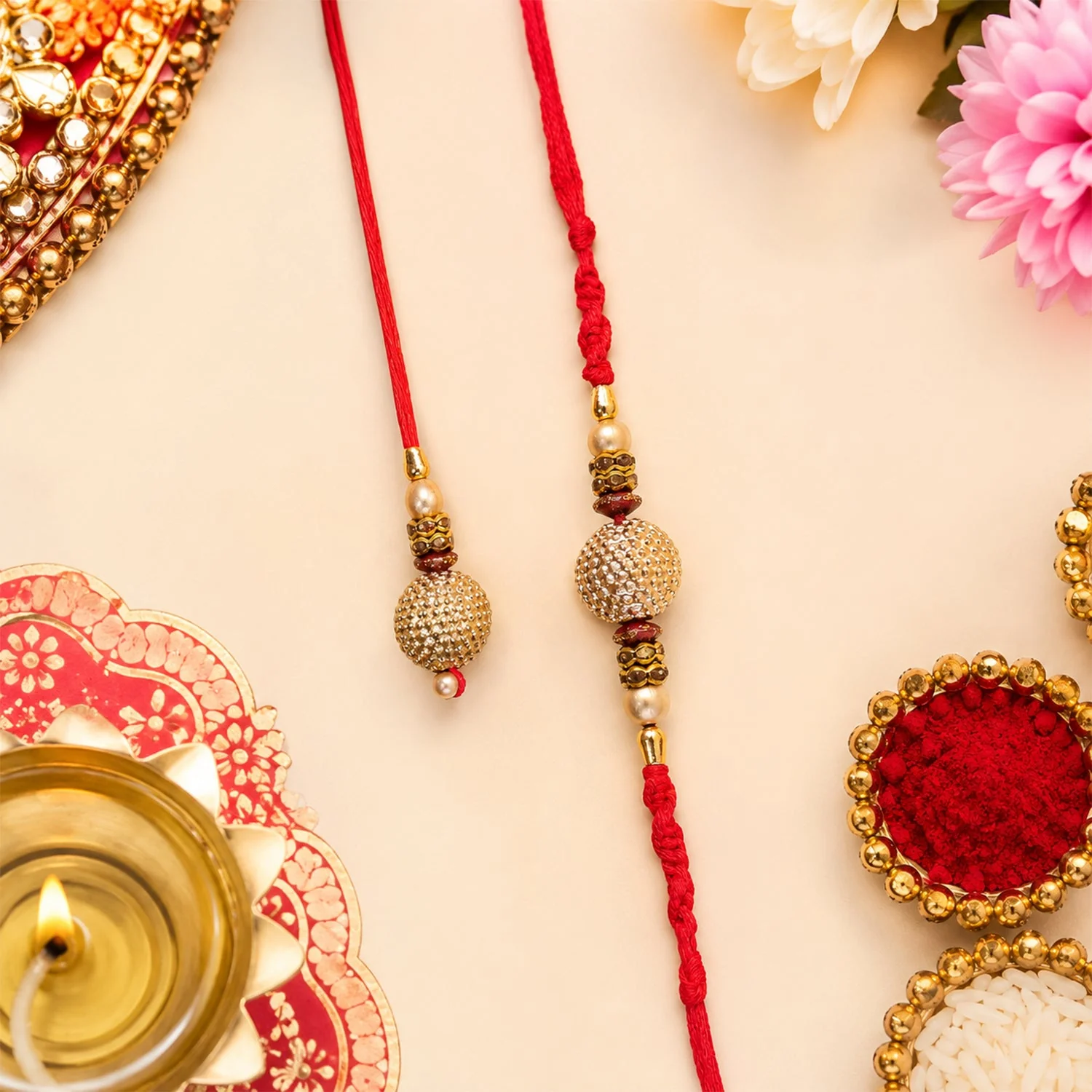 Bhaiya Bhabhi Rakhi Set – Golden Pearl with Textured Gold Design - Image 2