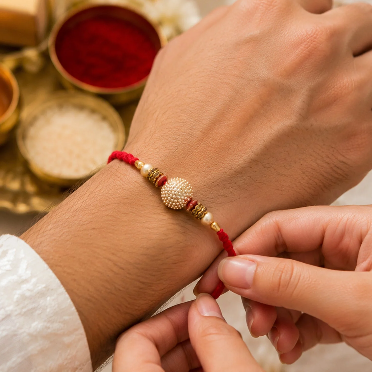 Bhaiya Bhabhi Rakhi Set – Golden Pearl with Textured Gold Design - Image 3
