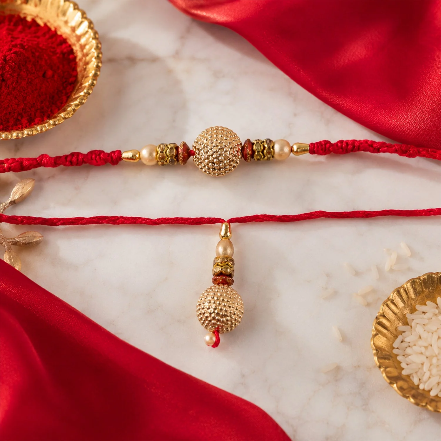 Bhaiya Bhabhi Rakhi Set – Golden Pearl with Textured Gold Design - Image 4
