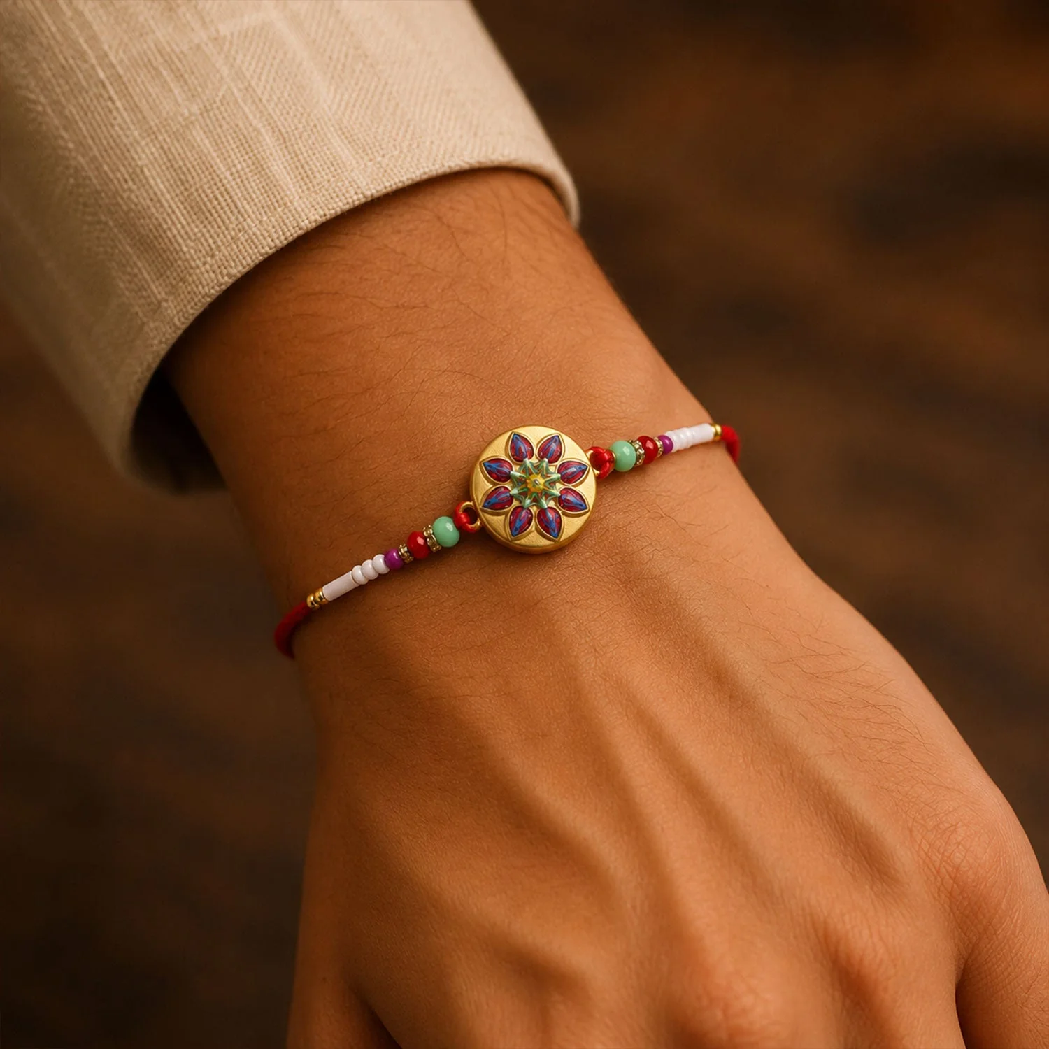 Rakhi – Elegant Golden Meena Charm for Raksha Bandhan - Image 3
