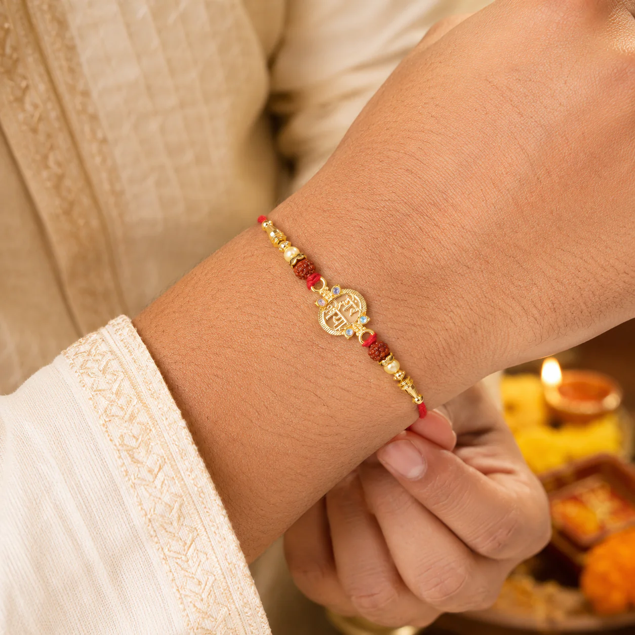 Rudraksha Rakhi – Golden Shiv Mantra Design for Brother's Blessings - Image 6