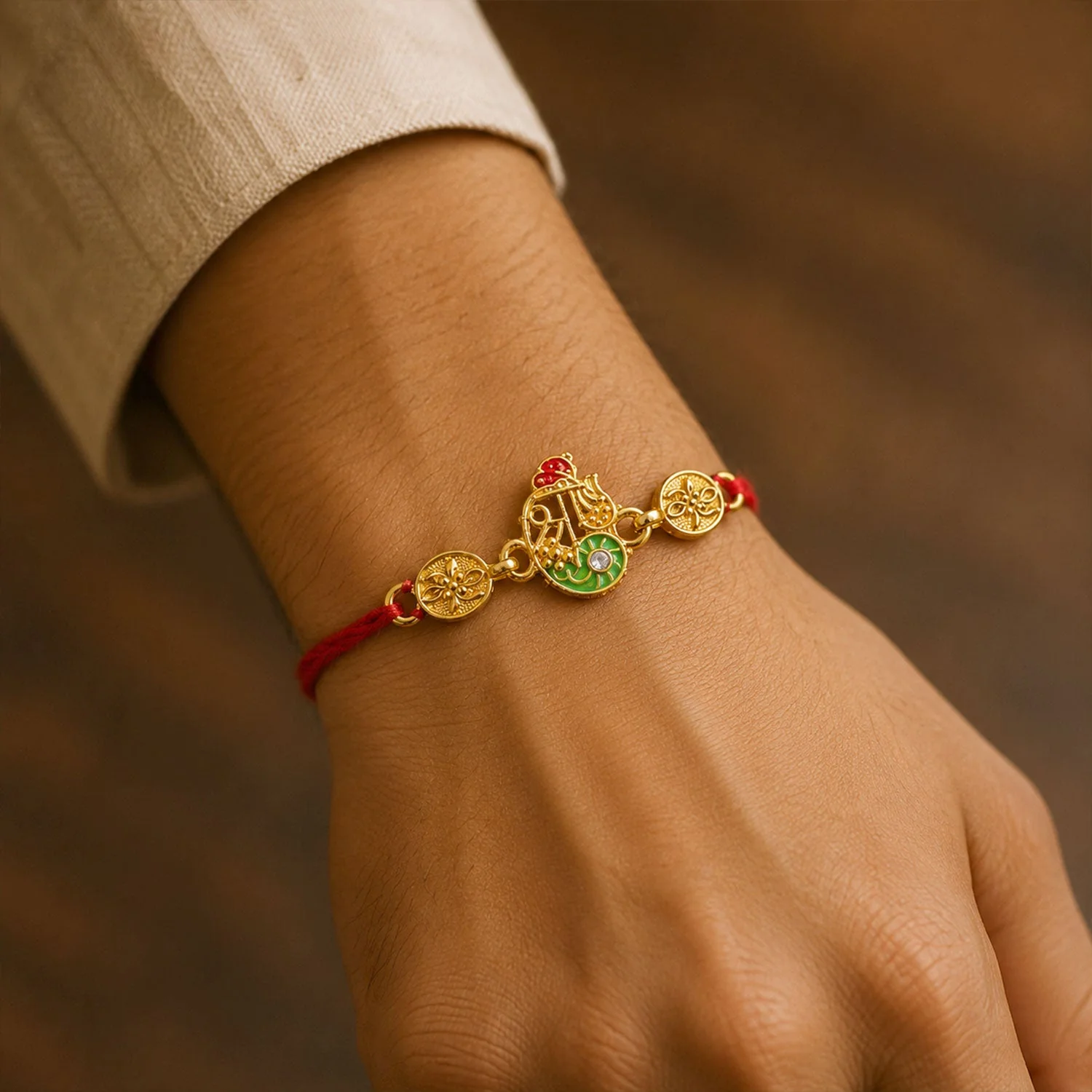 Golden Shri Motif Rakhi with Enamel & Floral Work Rakhi for Brother - Image 4