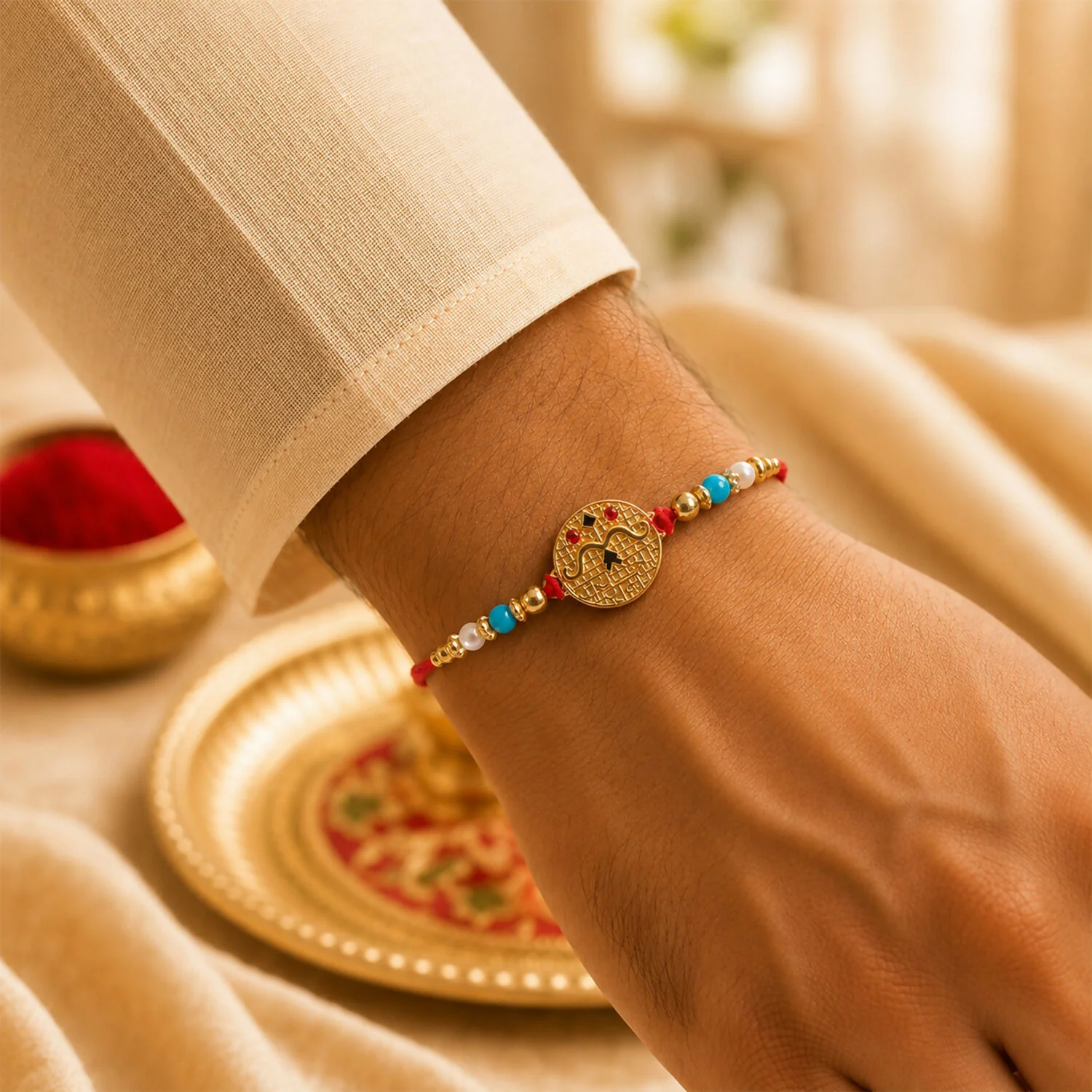 Golden Shri Ram Rakhi – Elegant Blue Pearl Beads & Devotional Design - Image 2
