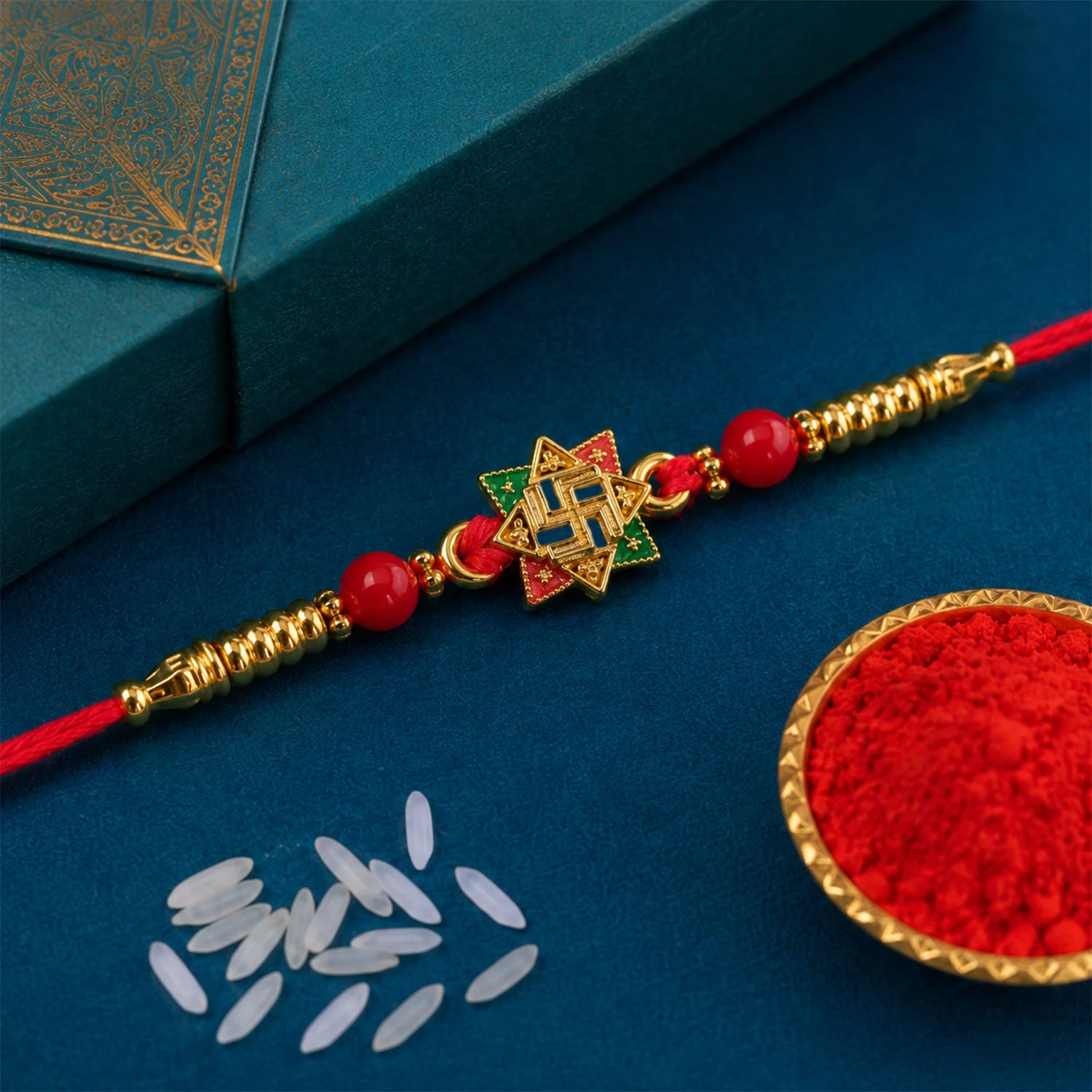 Golden Swastik Motif Rakhi with Enamel & Beadwork – Rakhi for Brother - Image 2