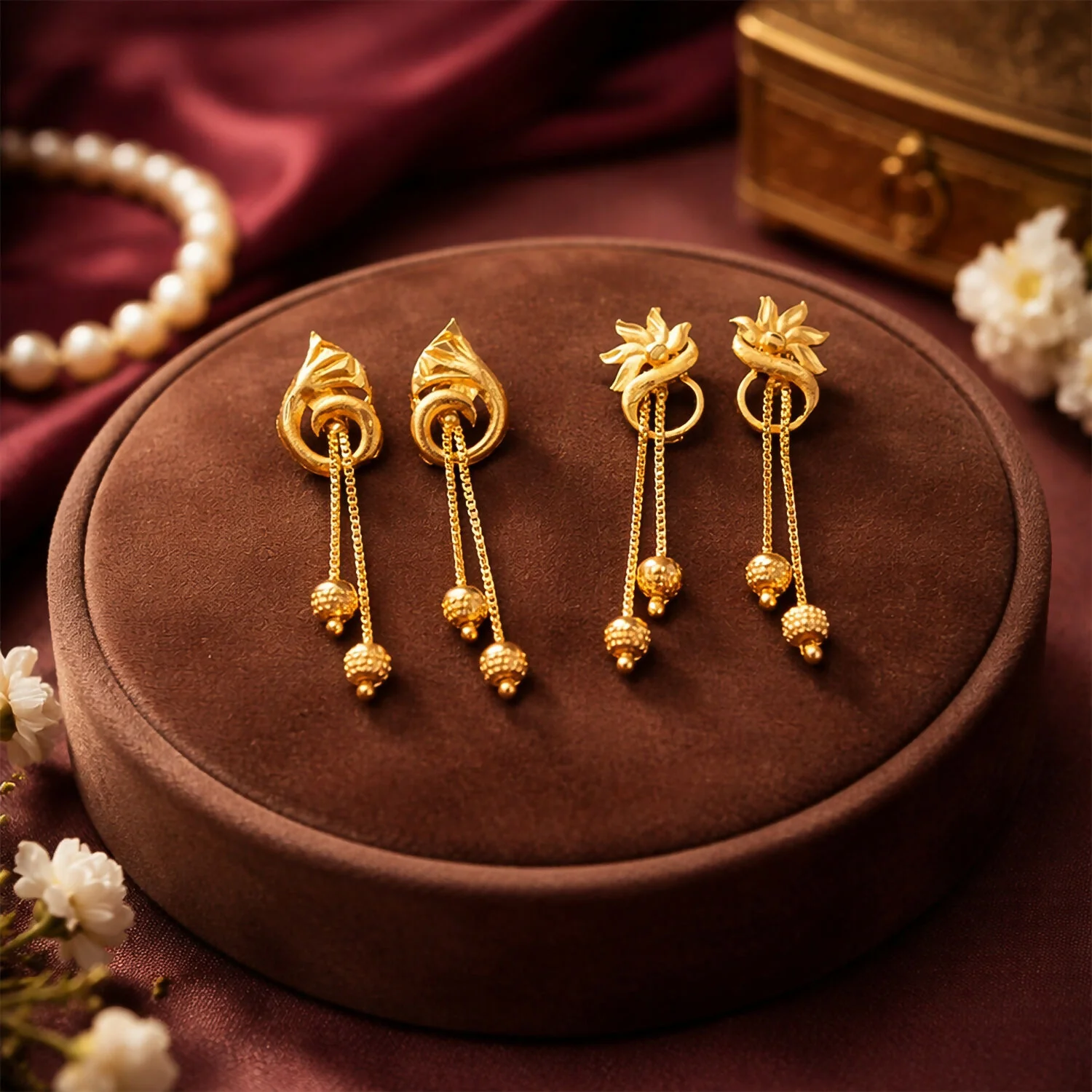 Gold Dangle Earrings – Elegant Floral Design with Bead Drops - Image 6