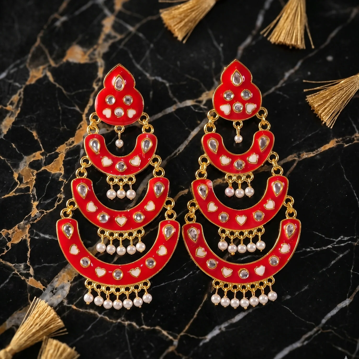 Peach Layered Chandbali Earrings – Elegant Pearl Detailing for Women - Image 2
