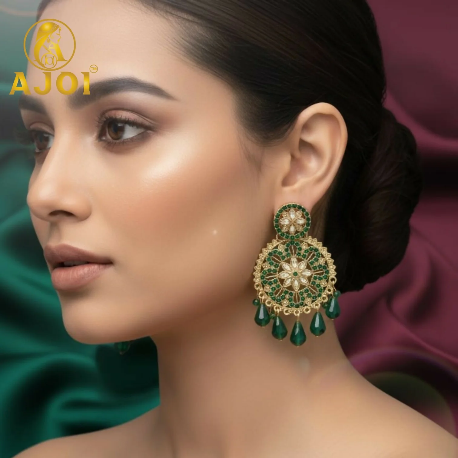 Green Floral Earrings – Elegant floral design with crystal embellishments - Image 2