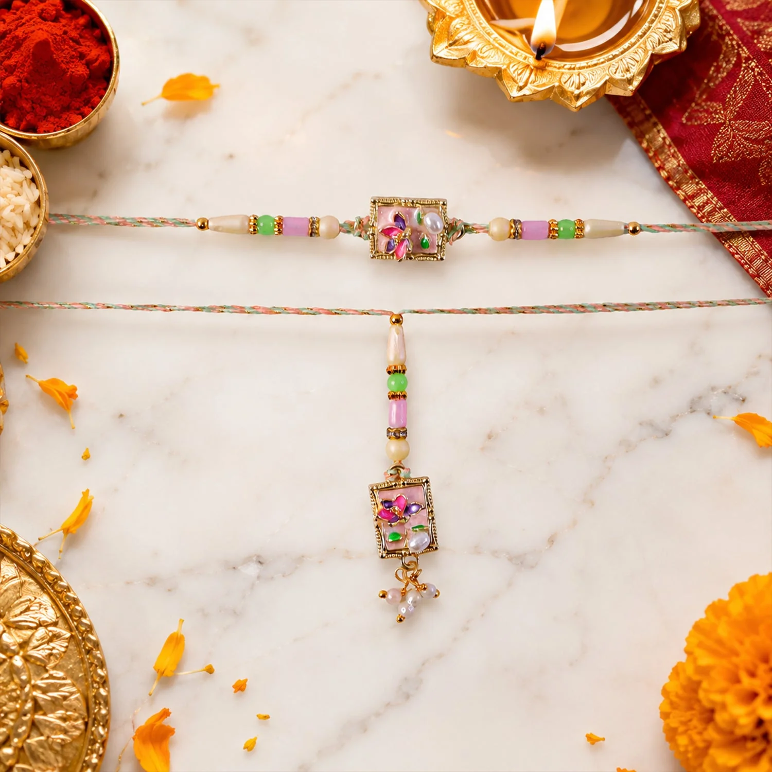 Green Floral Kundan Pearls Lumba Rakhi – Elegant & Memorable Gift - Image 2