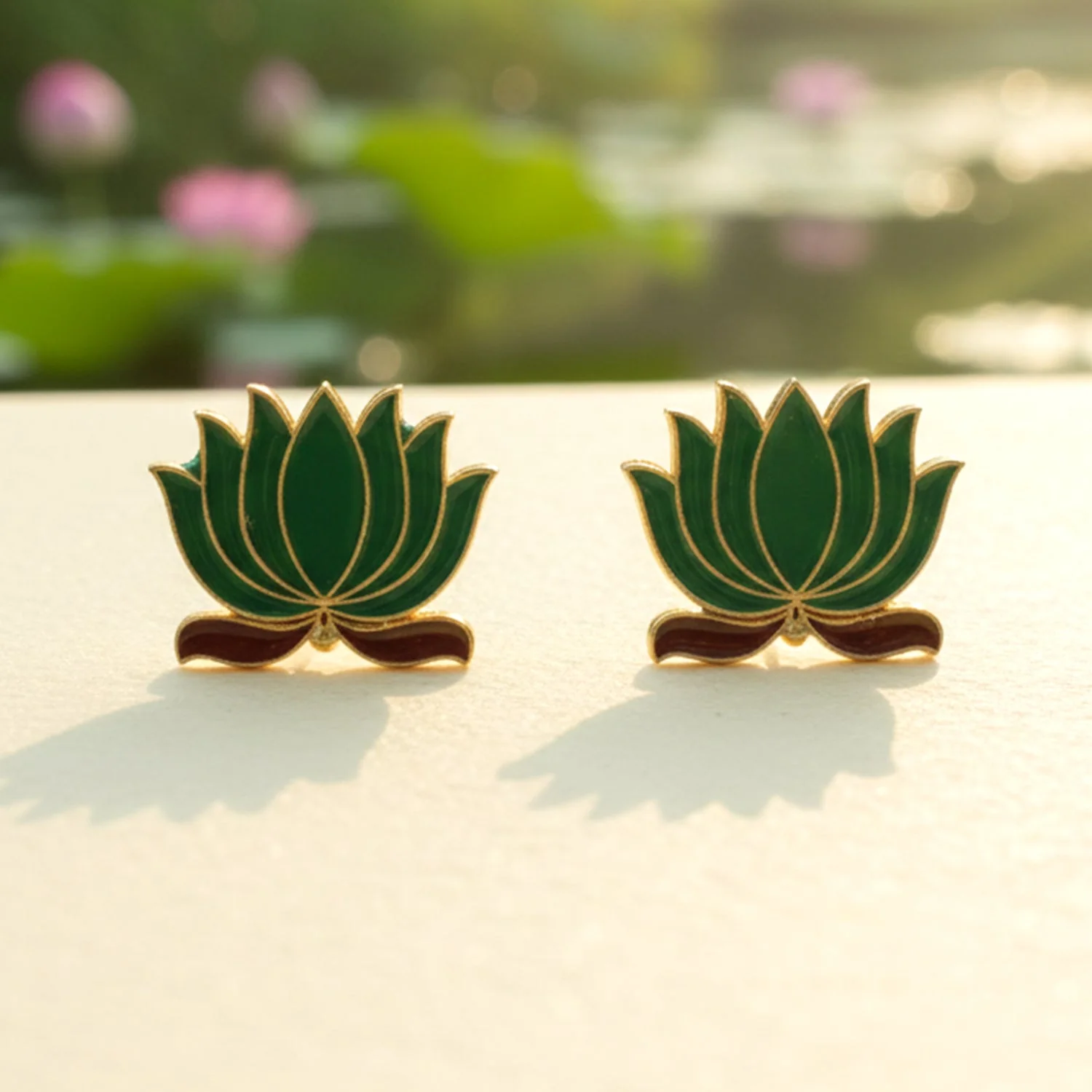 Green Lotus Necklace with Adjustable Thread & Stud Earrings Set - Image 4