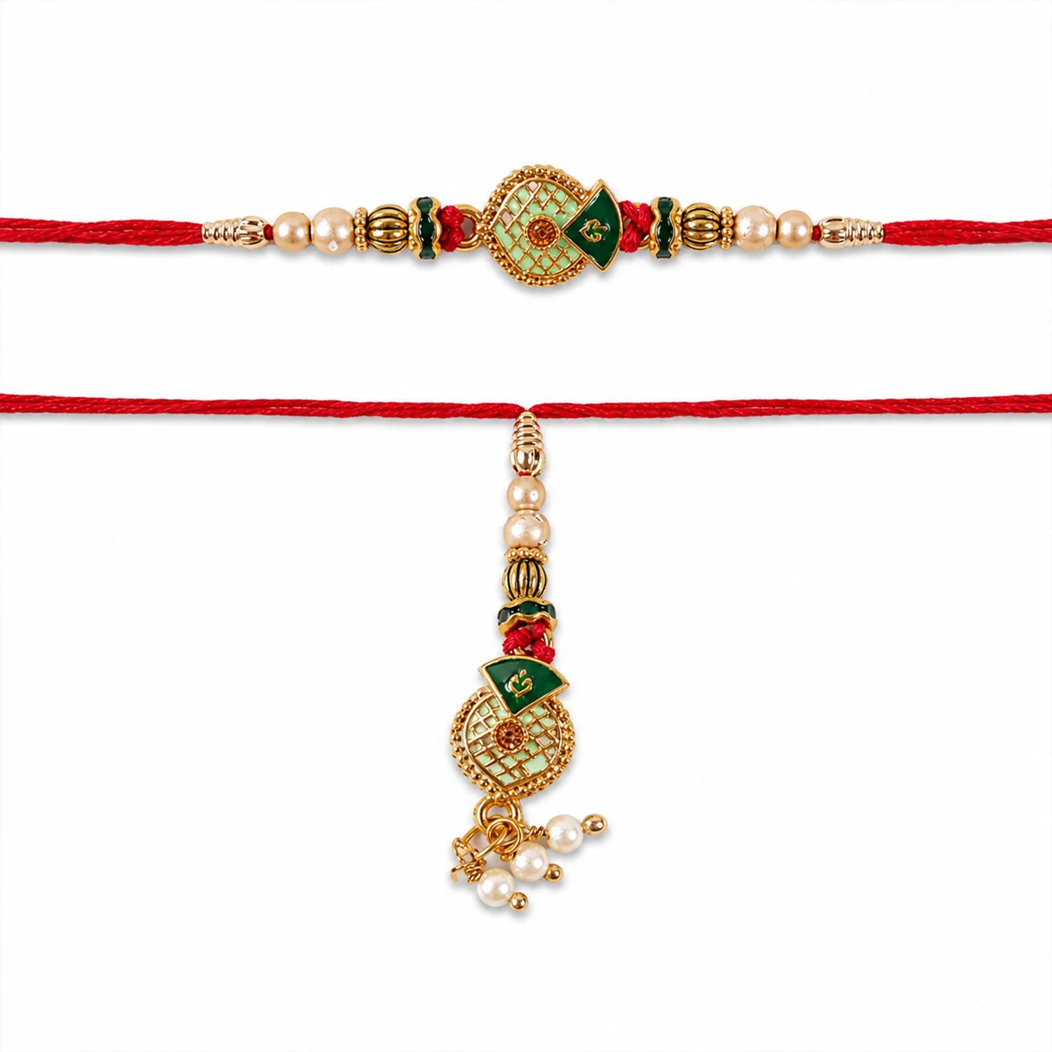 Premium Green Meenakari Pearl Beads bhabhi Lumba Rakhi - Image 5