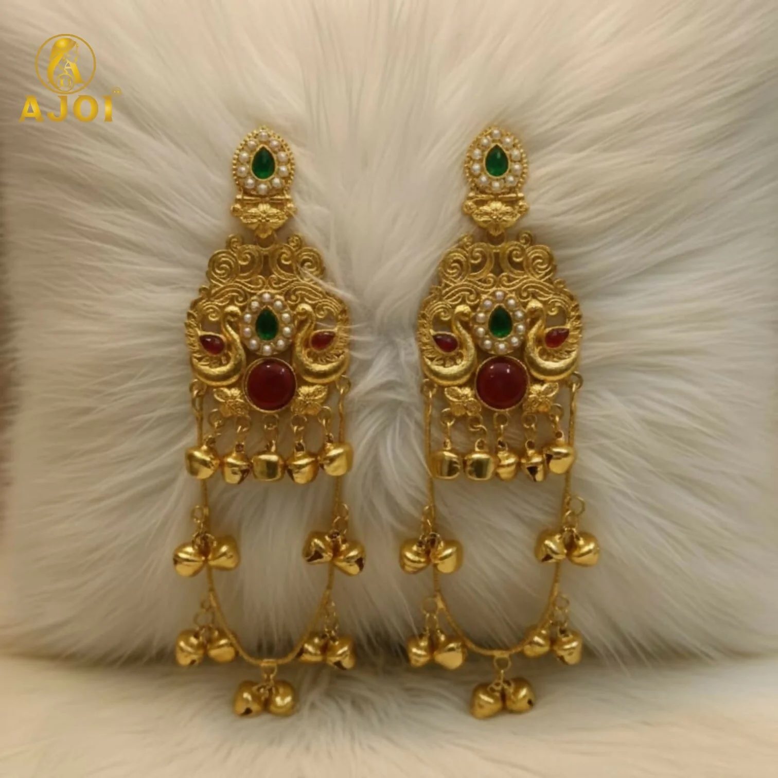 Kashmiri Traditional Gold-Plated Ghungroo Earrings with Green Ruby Stones - Image 3