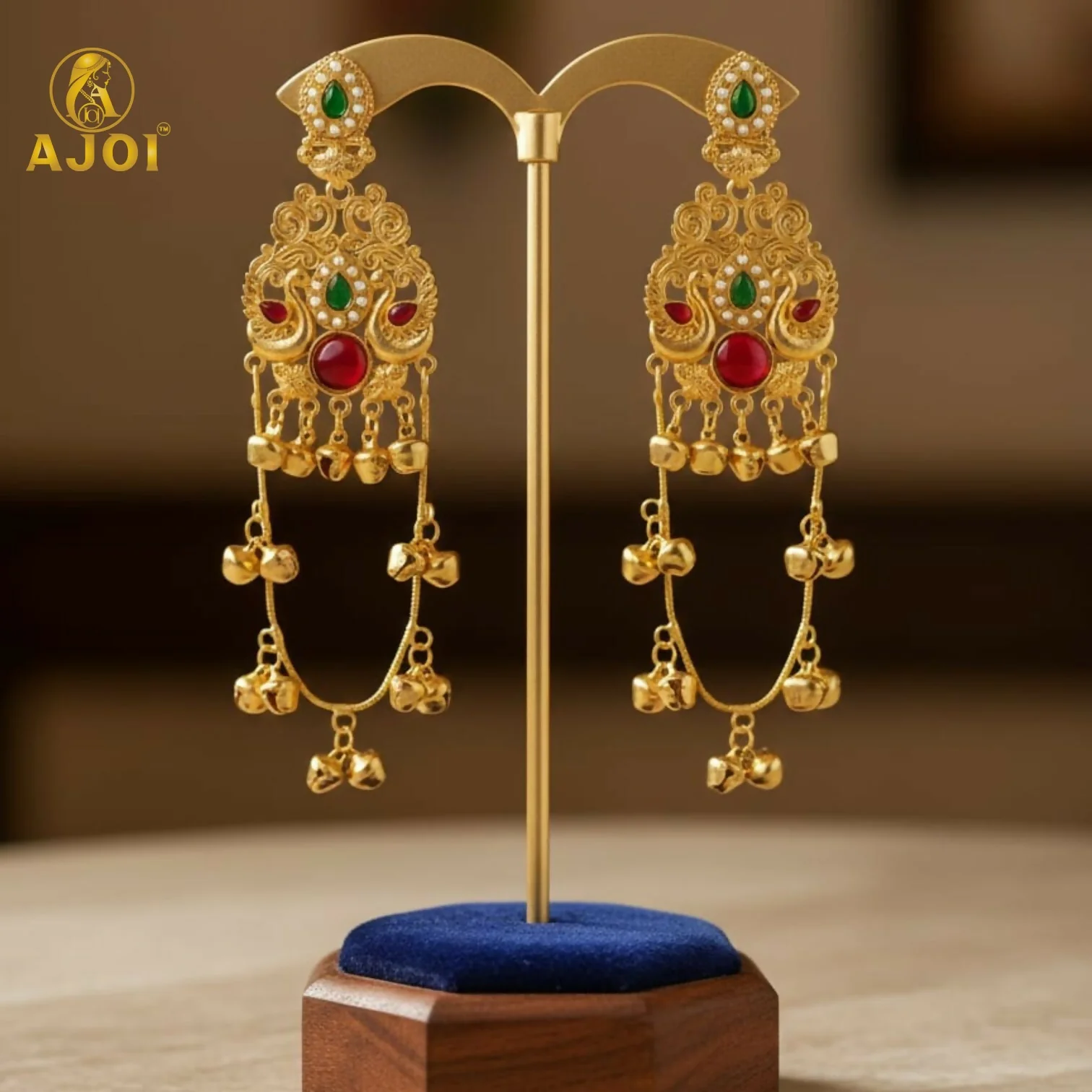 Kashmiri Traditional Gold-Plated Ghungroo Earrings with Green Ruby Stones - Image 4