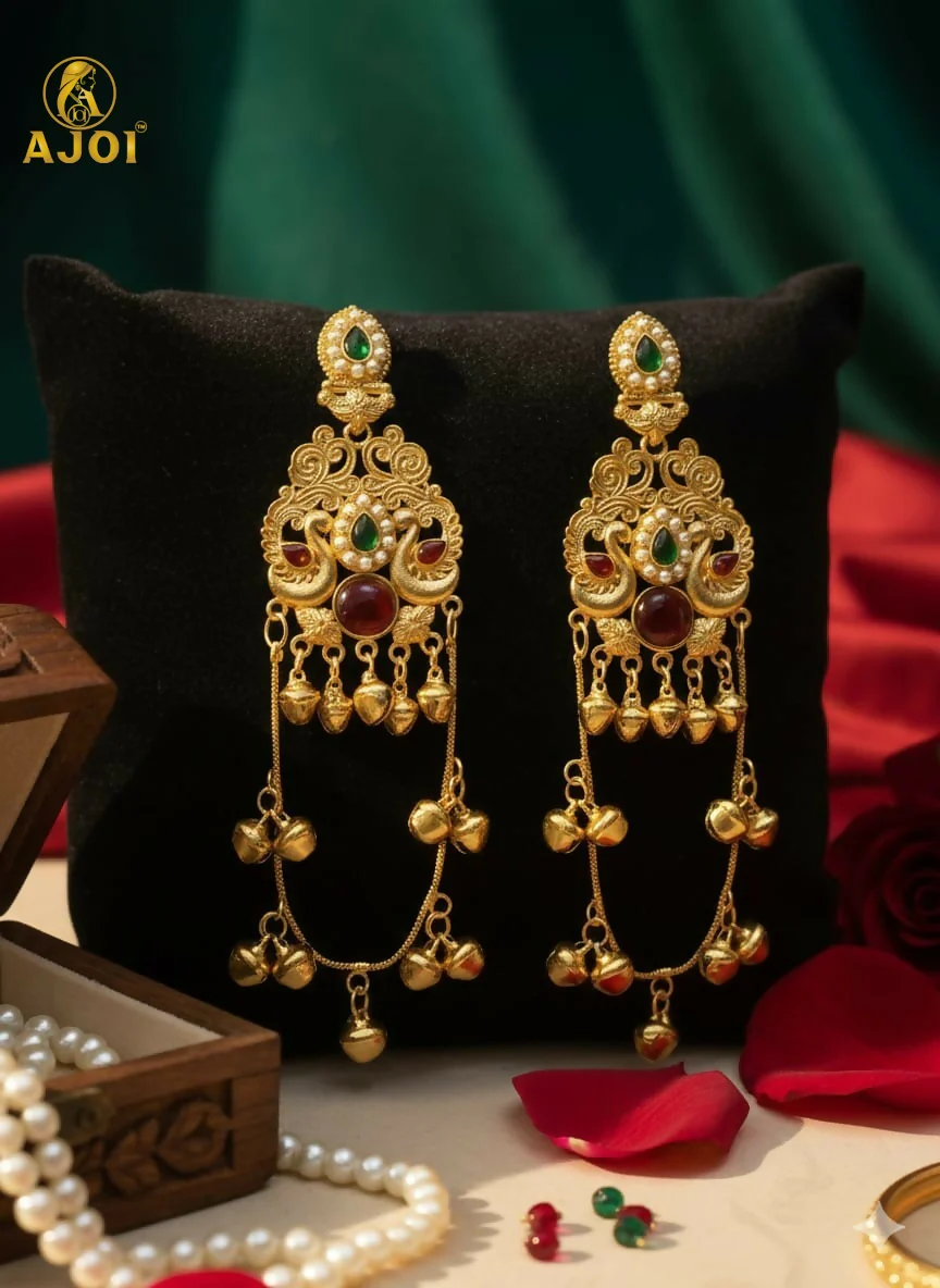 Kashmiri Traditional Gold-Plated Ghungroo Earrings with Green Ruby Stones - Image 5